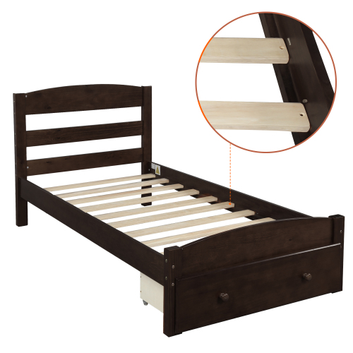 Platform Twin Bed Frame with Storage Drawer and Wood Slat Support No Box Spring Needed, Walnut、、casual