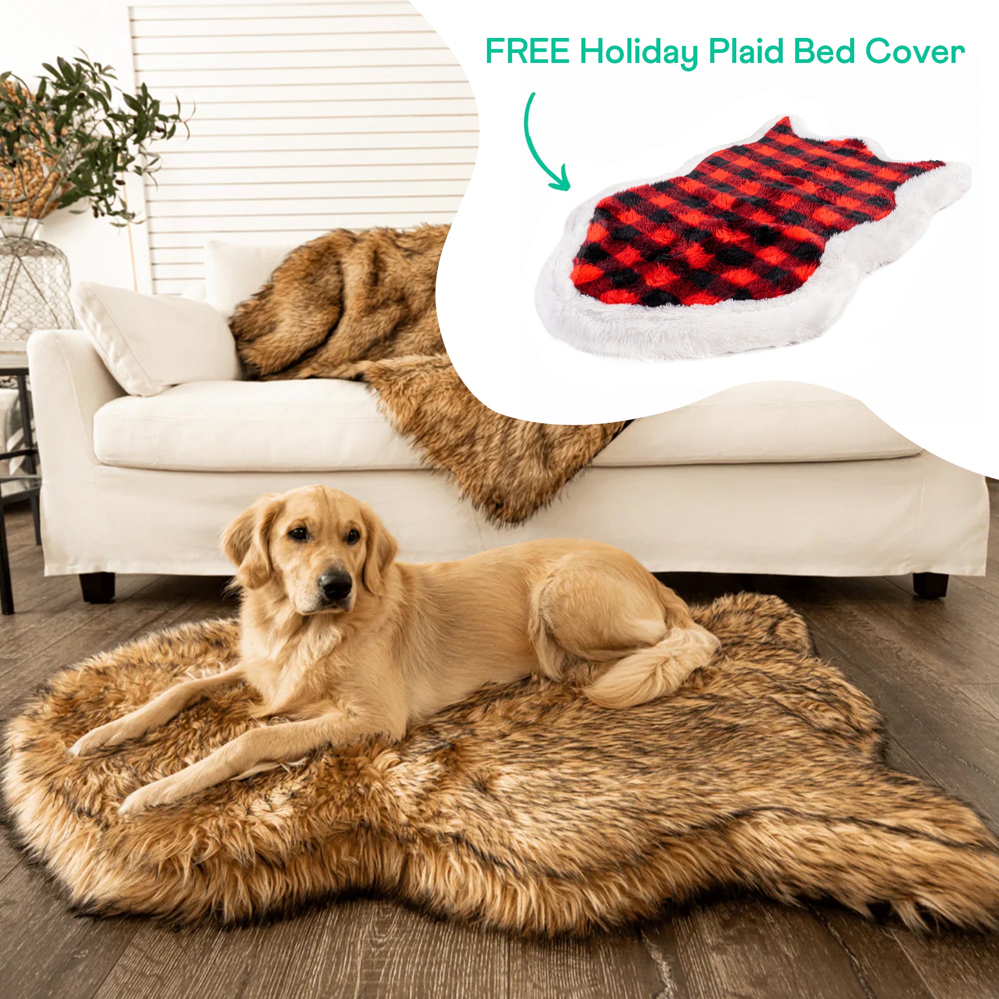 PupRug™ Faux Fur Sable Tan Orthopedic Dog Bed + FREE Red & Black Plaid Bed Cover、mySite、solidvoid