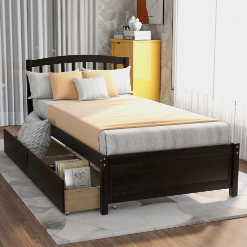 Twin Platform Storage Bed Wood Bed Frame with Two Drawers and Headboard, Espresso(Previous SKU: SF000062PAA)、、casual
