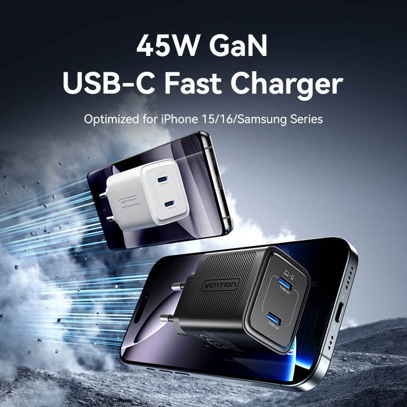 Vention 2-Port USB (C + C) GaN Charger (45W/45W) EU-Plug Black、mySite、fannypackpong