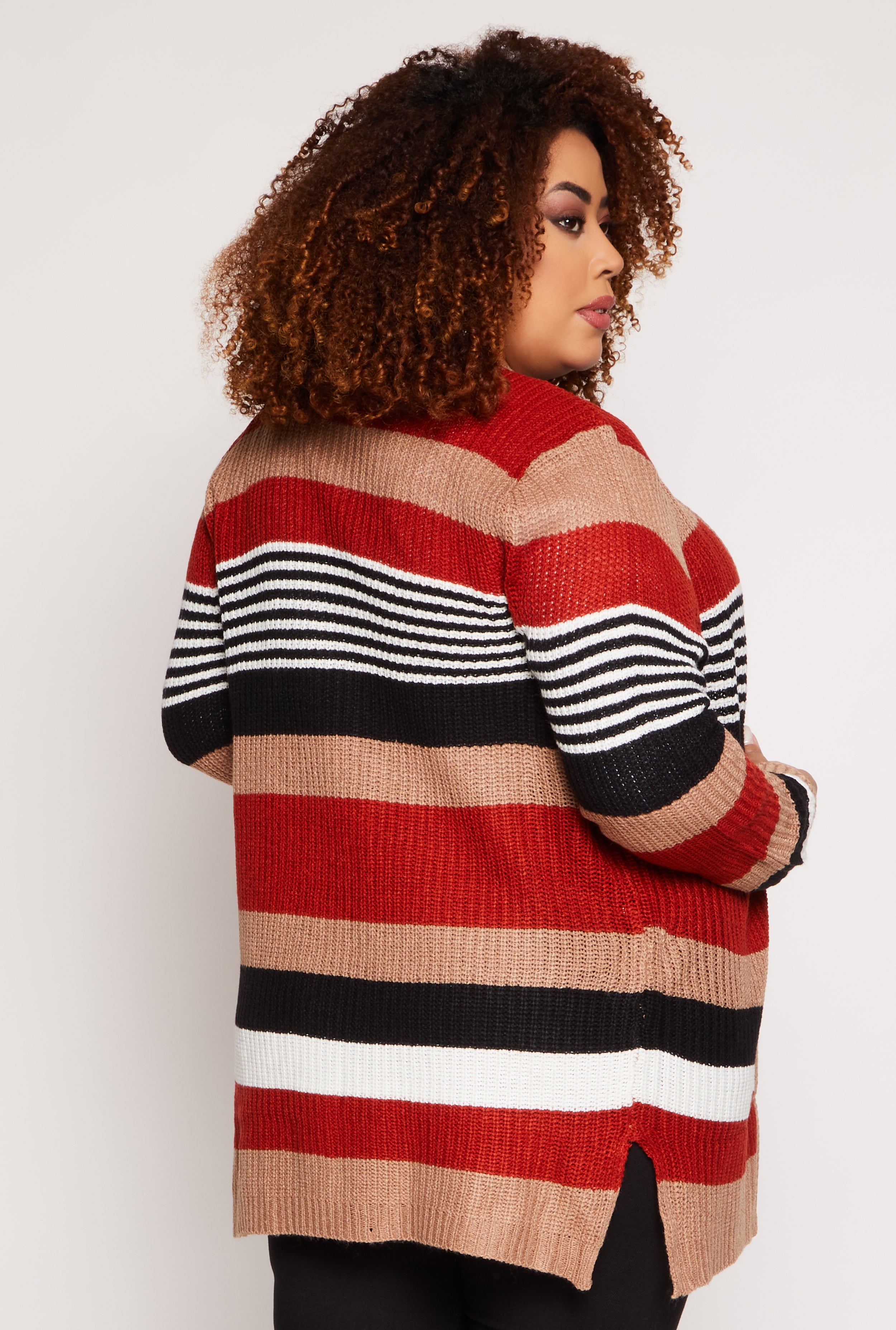 Plus Size Striped Open Front Cardigan、mySite、camillekostekn