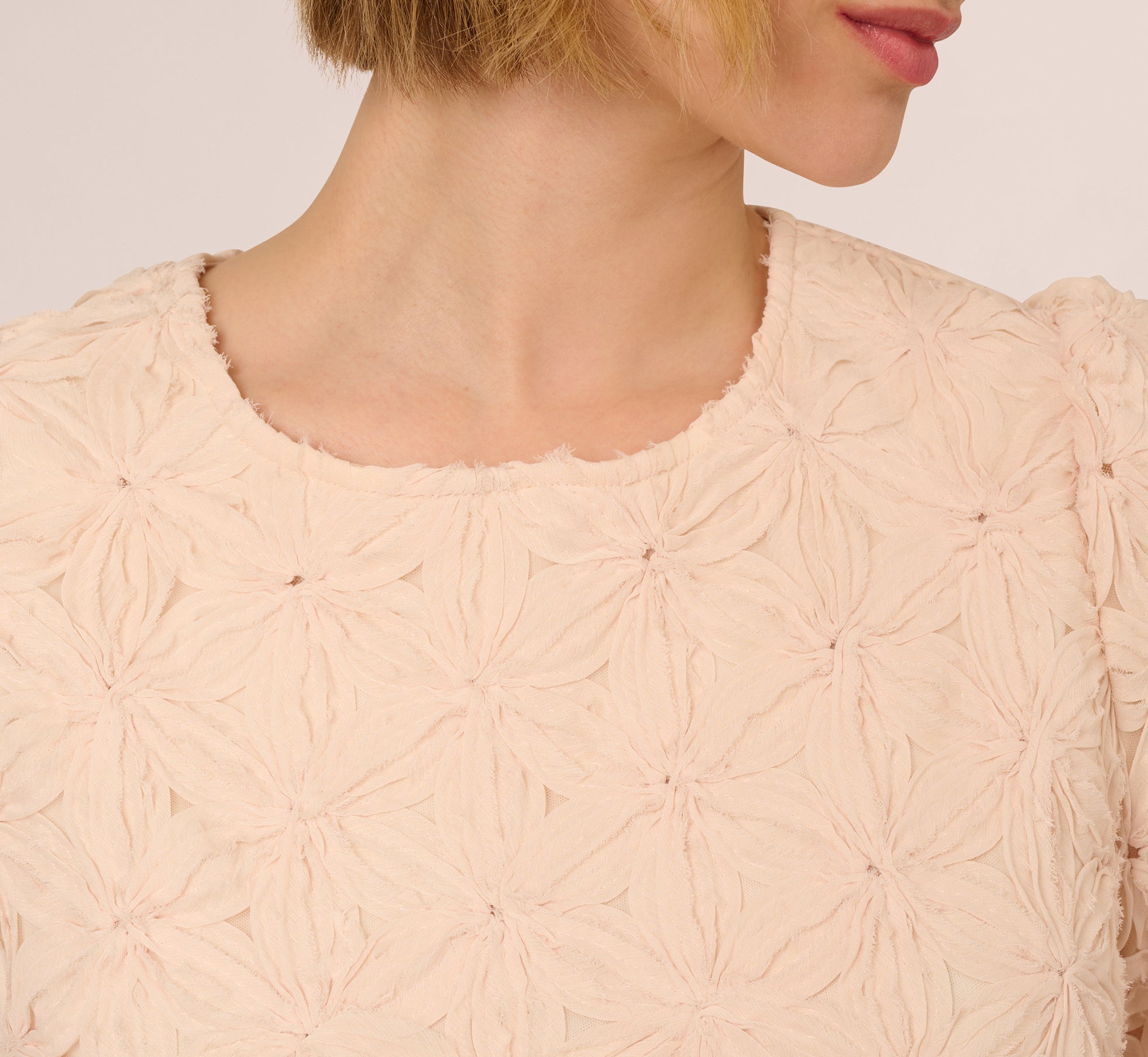 Short Sleeve Floral Crochet Texture Top In Sand Dollar、mySite、solidvoid