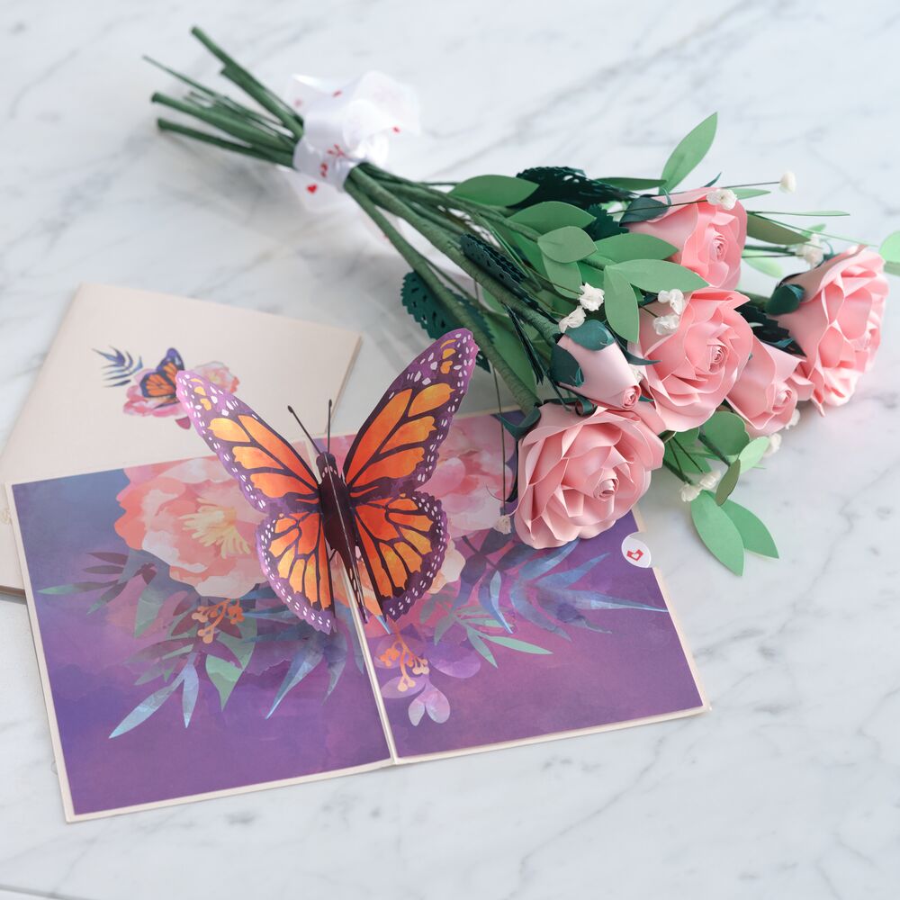 Handcrafted Paper Flowers: Pink Roses (6 Stems) with Monarch Butterfly Pop-Up Card、mySite、solidvoid
