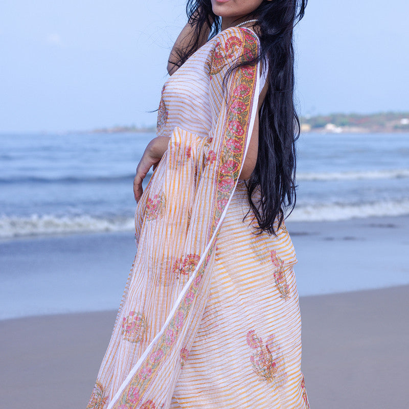 Kota Handblock Printed Saree | Mogra | White & Orange、mySite、camillekostekn