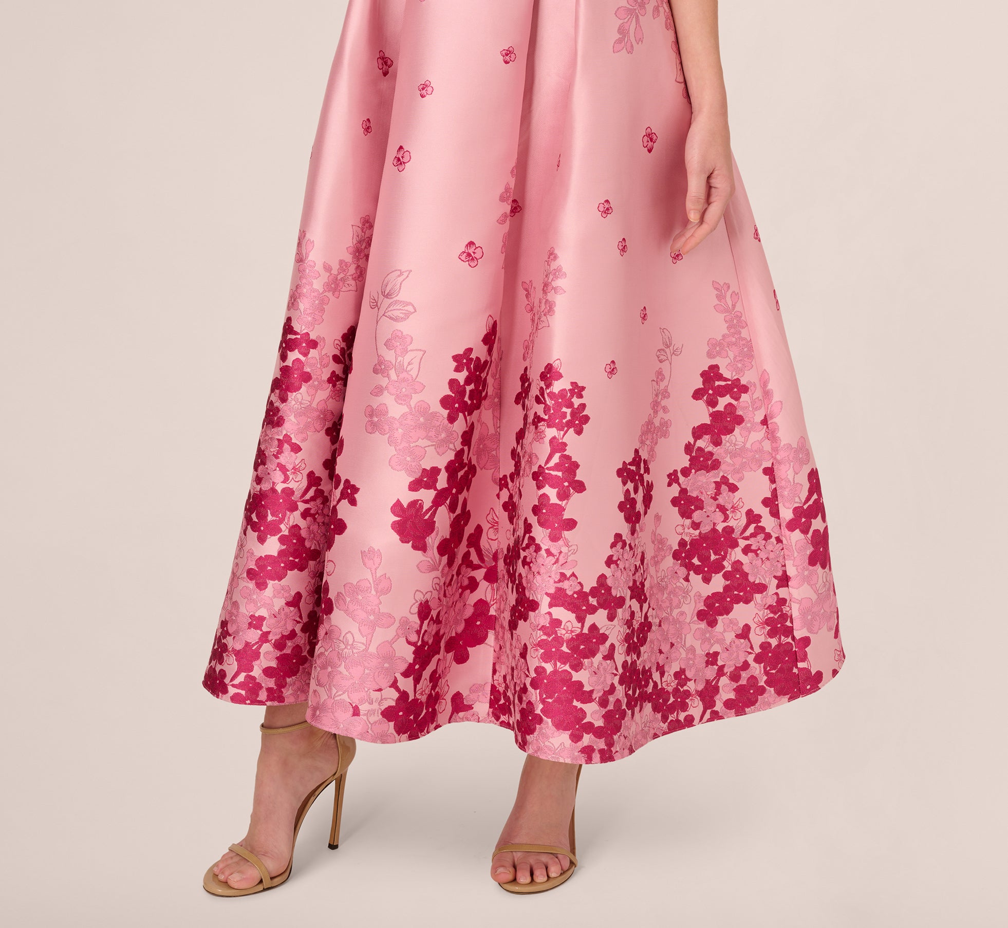 Floral Jacquard Ankle Length Dress With Off The Shoulder Neckline In Pink Multi、mySite、solidvoid