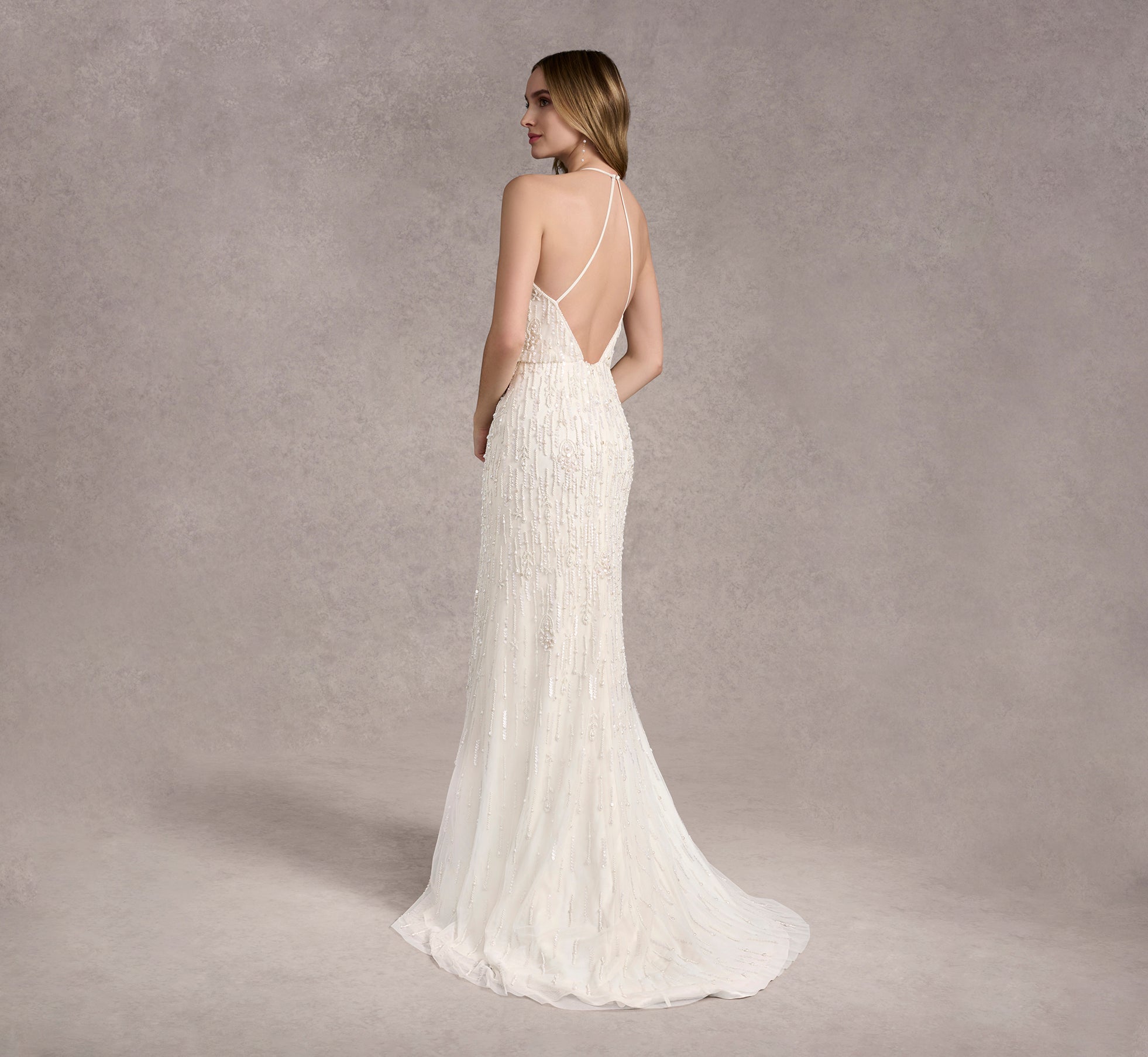 Hand Beaded Mesh Halter Gown In Ivory/Ivory In Ivory Ivory、mySite、solidvoid