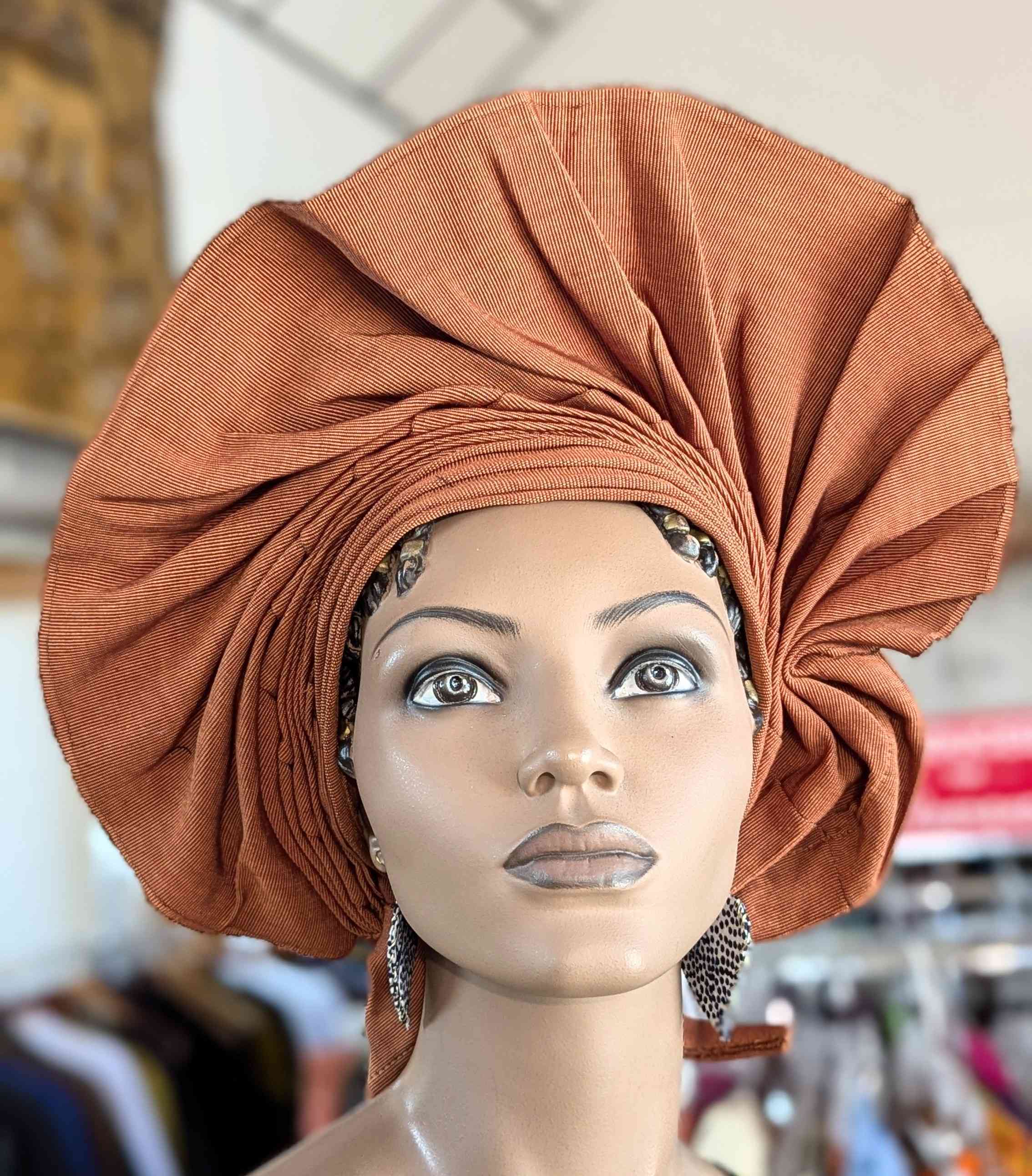 Dupsie's African Adeola Chocolate Brown Aso Oke Autogele Ready Gele Head wrap Hat DPAGAB50、mySite、solidvoid