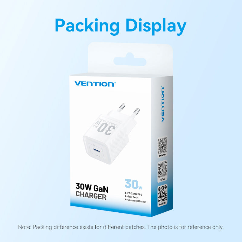 Vention 1-Port USB-C GaN Charger (30W) EU-Plug、mySite、fannypackpong