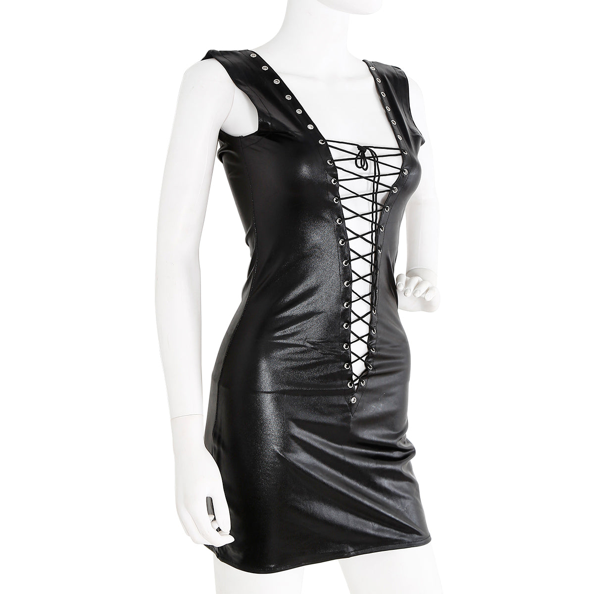 Sexy Faux Leather Bodycon Dress | Wet Look | Lace Up | Stretch One Size、mySite、bottomscart