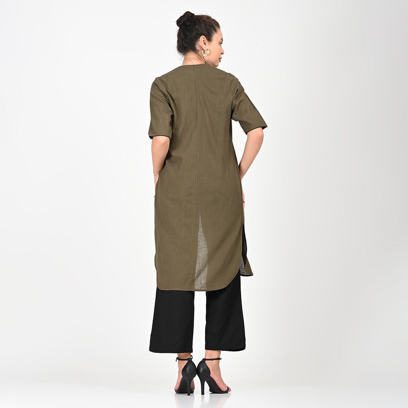 Cotton Solid Co Ord Set For Women | Overlay, Top & Trouser | Square Neck | Olive & Black、mySite、camillekostekn