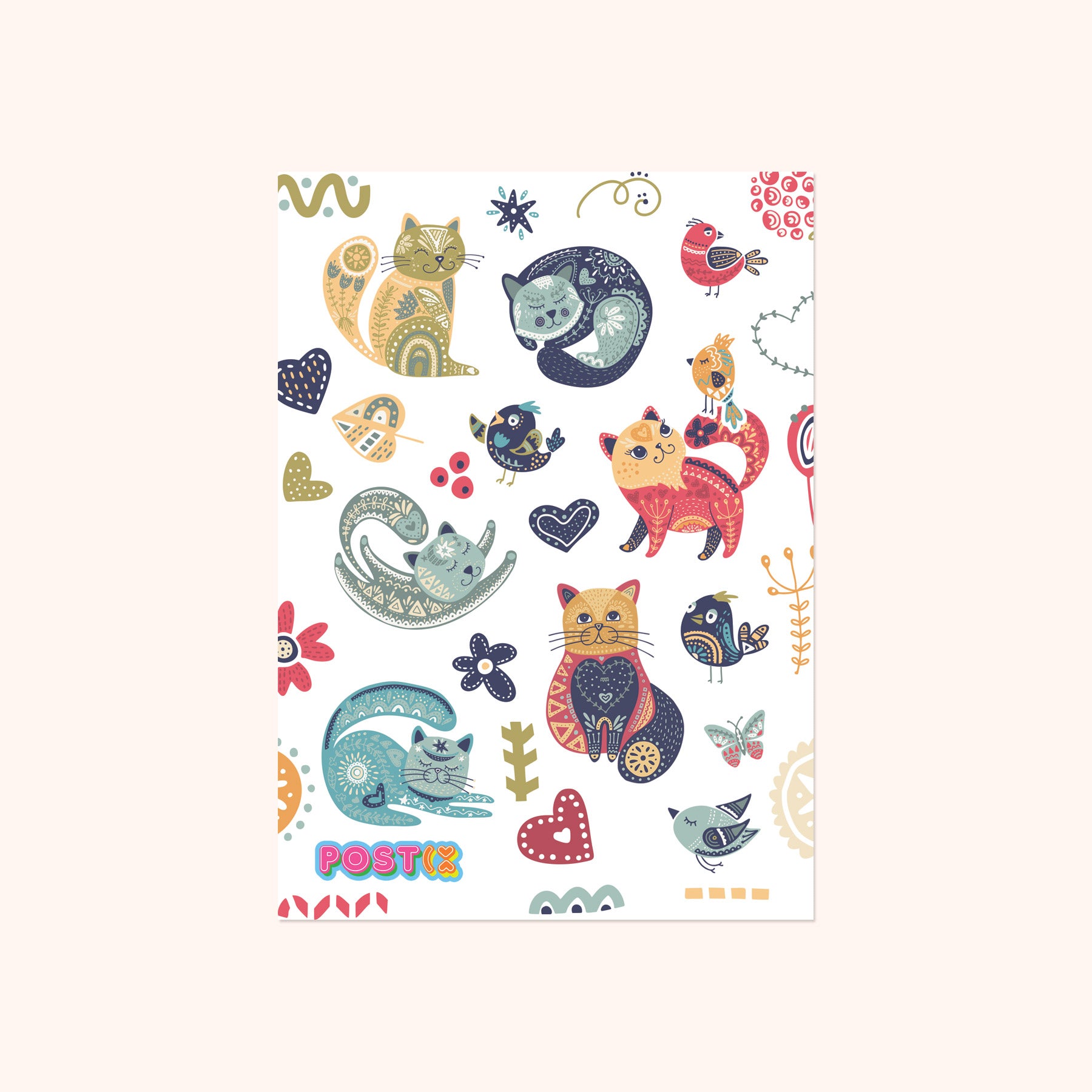  Folk Art Cats A6 Sticker Sheet、mySite、ghnorth