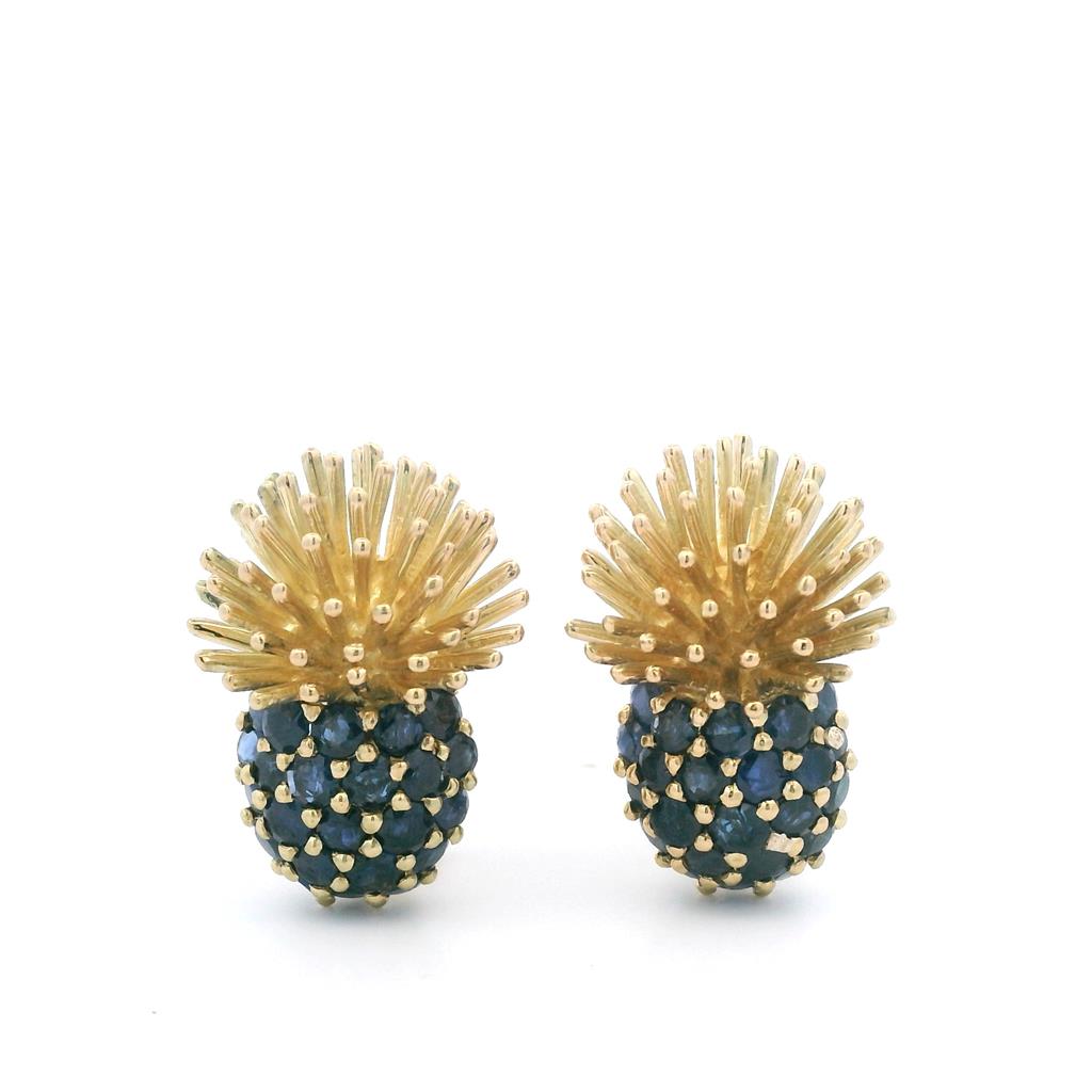 Estate 18K Yellow Gold Blue Sapphire Pineapple Stud Earrings、mySite、botmansion