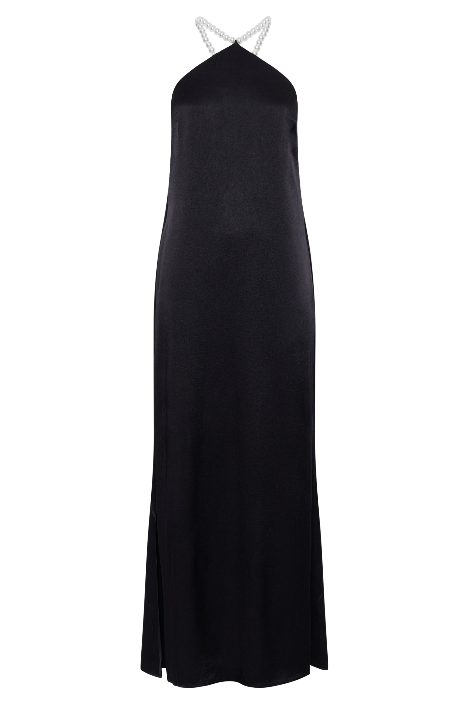 Blanche Satin Pearl Halter Maxi Dress - Black、mySite、solidvoid