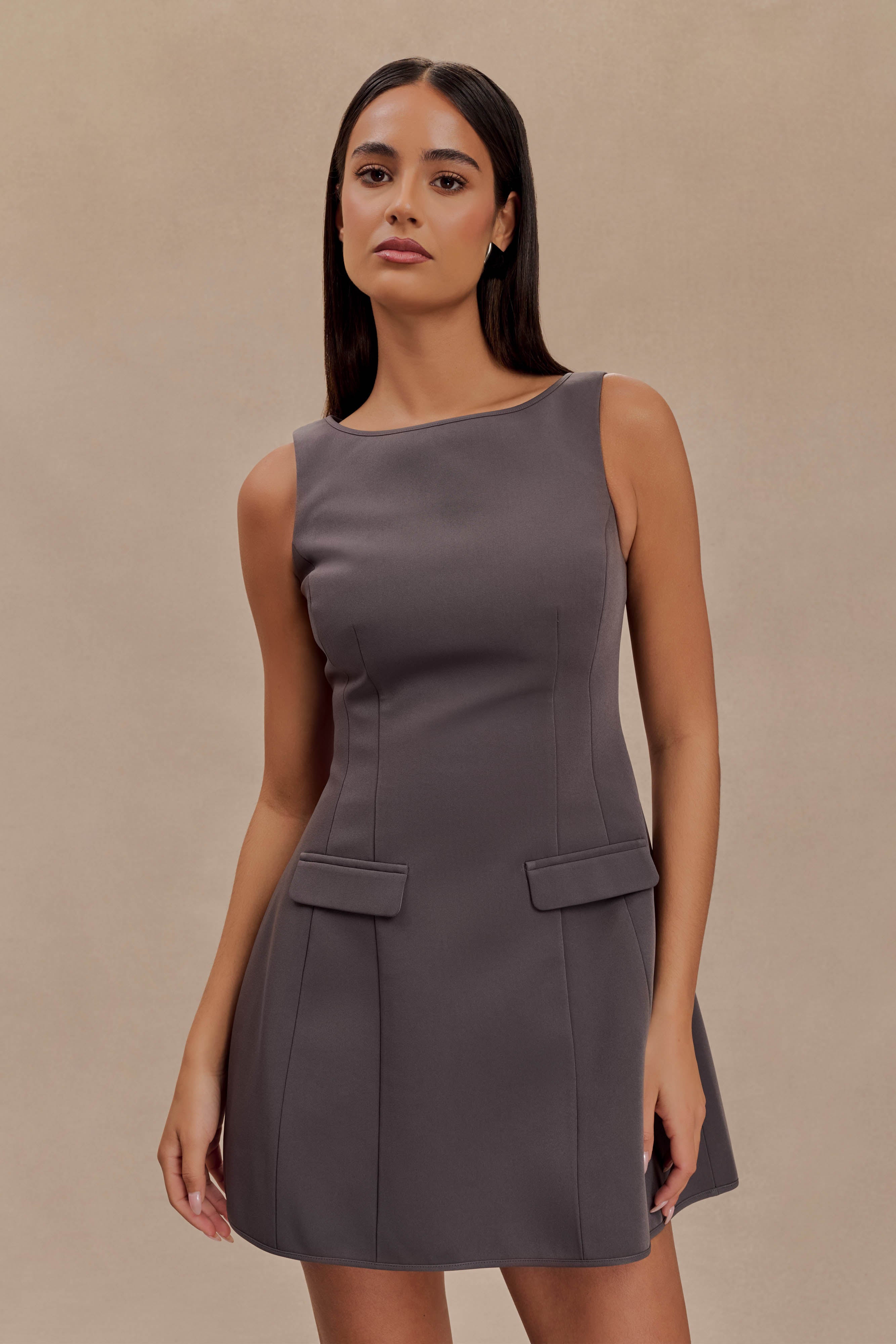 Evanna Sleeveless Suiting Mini Dress - Charcoal Grey、mySite、solidvoid