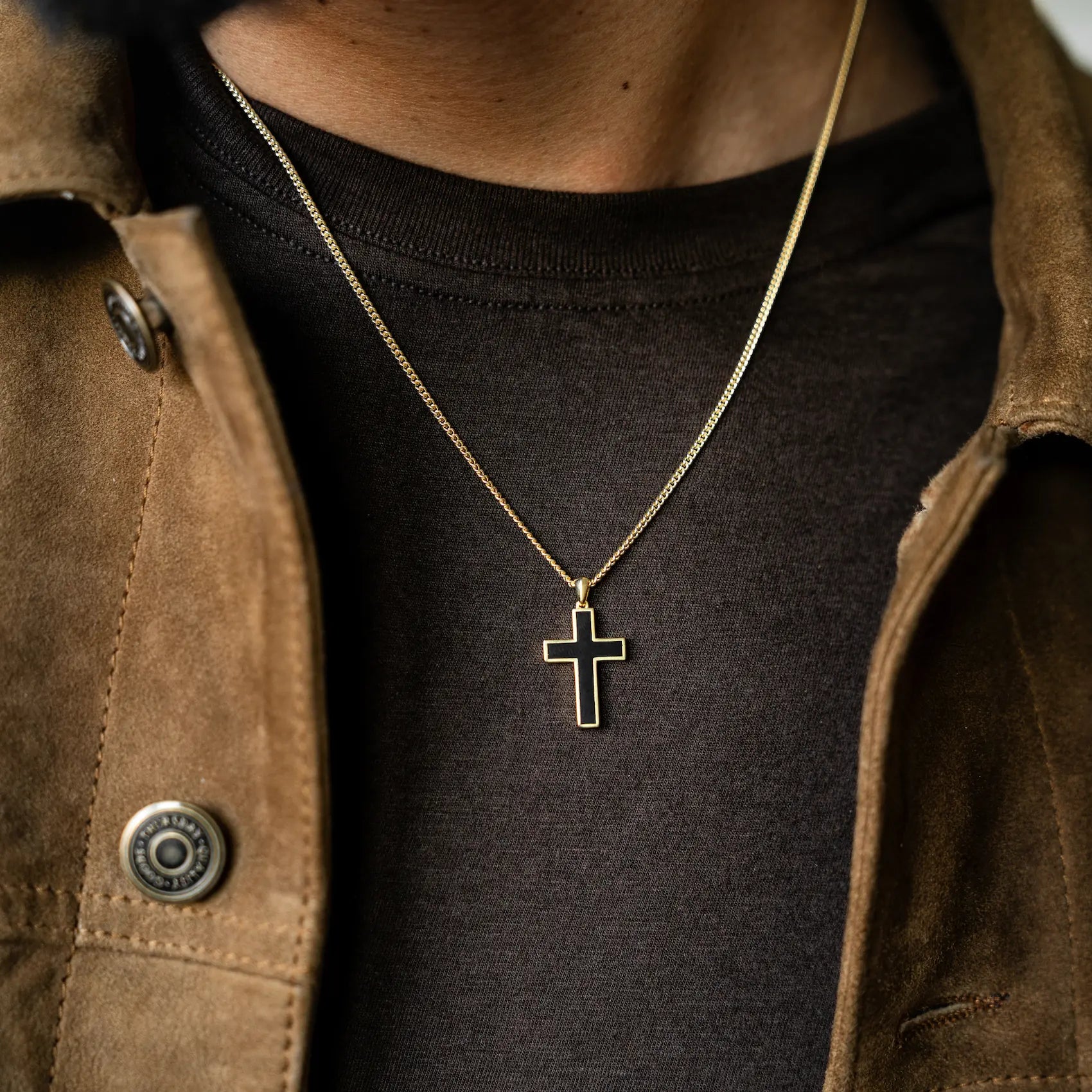  Stone Cross (Large) - 14K Gold Onyx