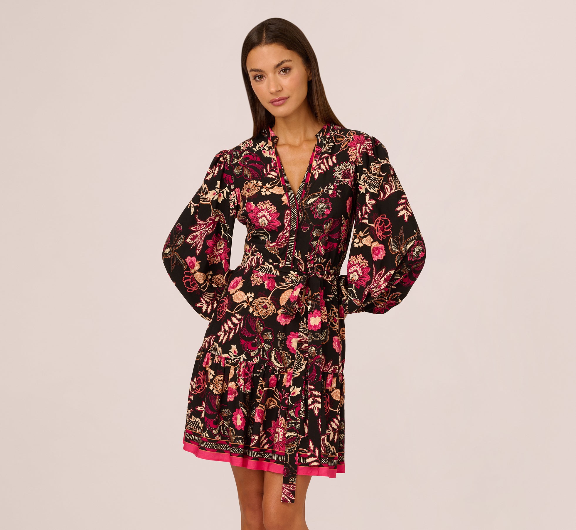 Floral Printed V Neck Button Front Dress With Long Sleeves In Black Multi、mySite、solidvoid