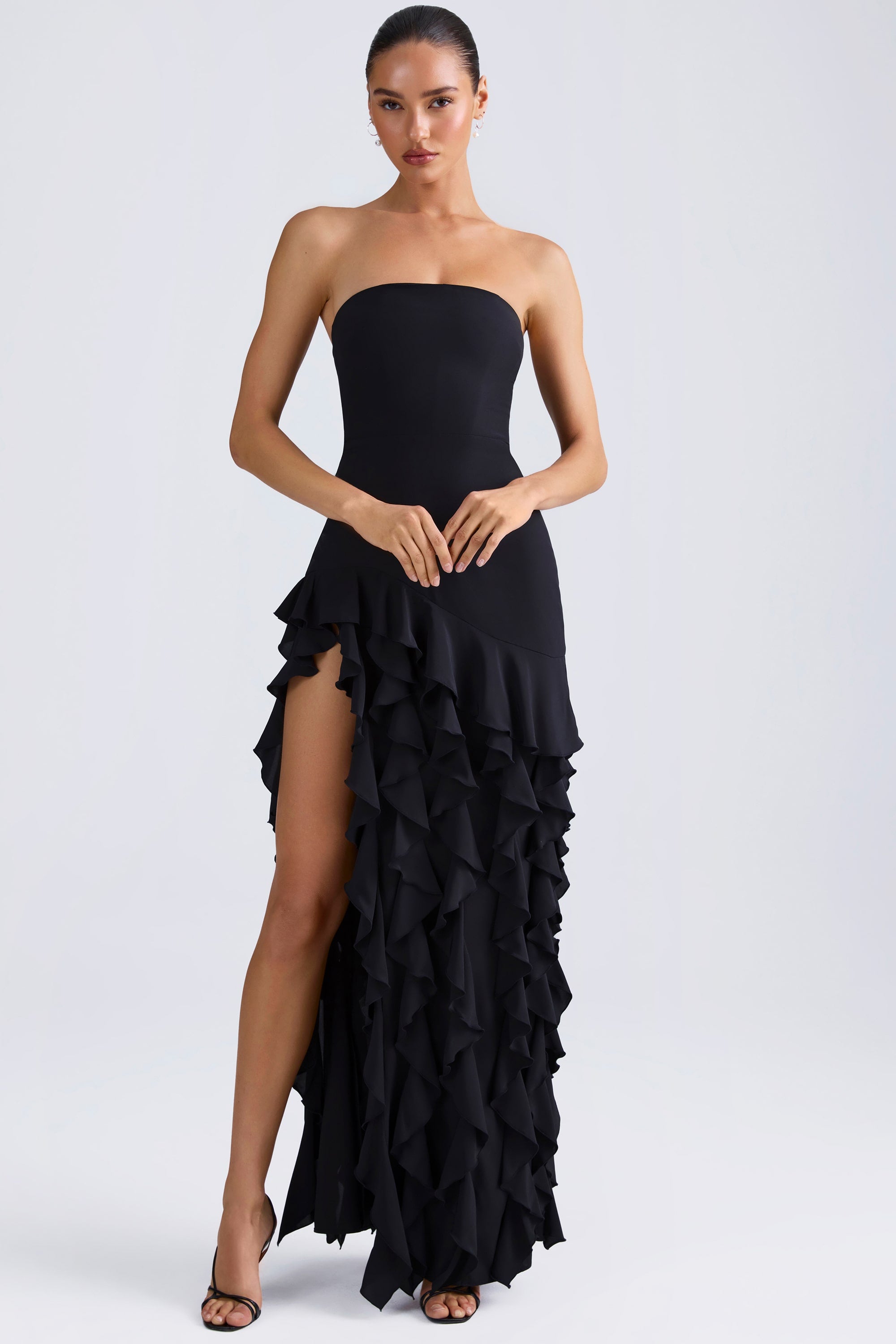 Ruffle-Trim Strapless Gown in Black、mySite、solidvoid