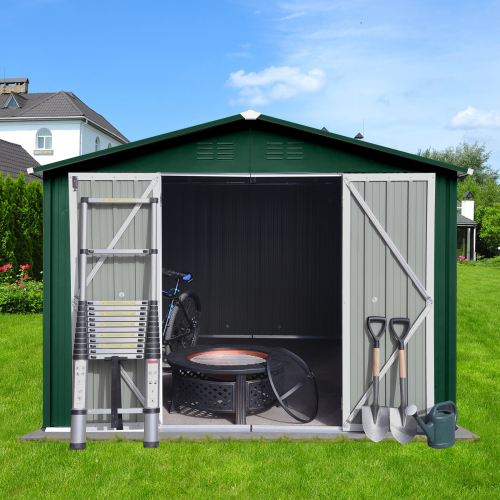 Metal garden sheds 8ftx10ft outdoor storage sheds white+coffee、、eastwooduniform