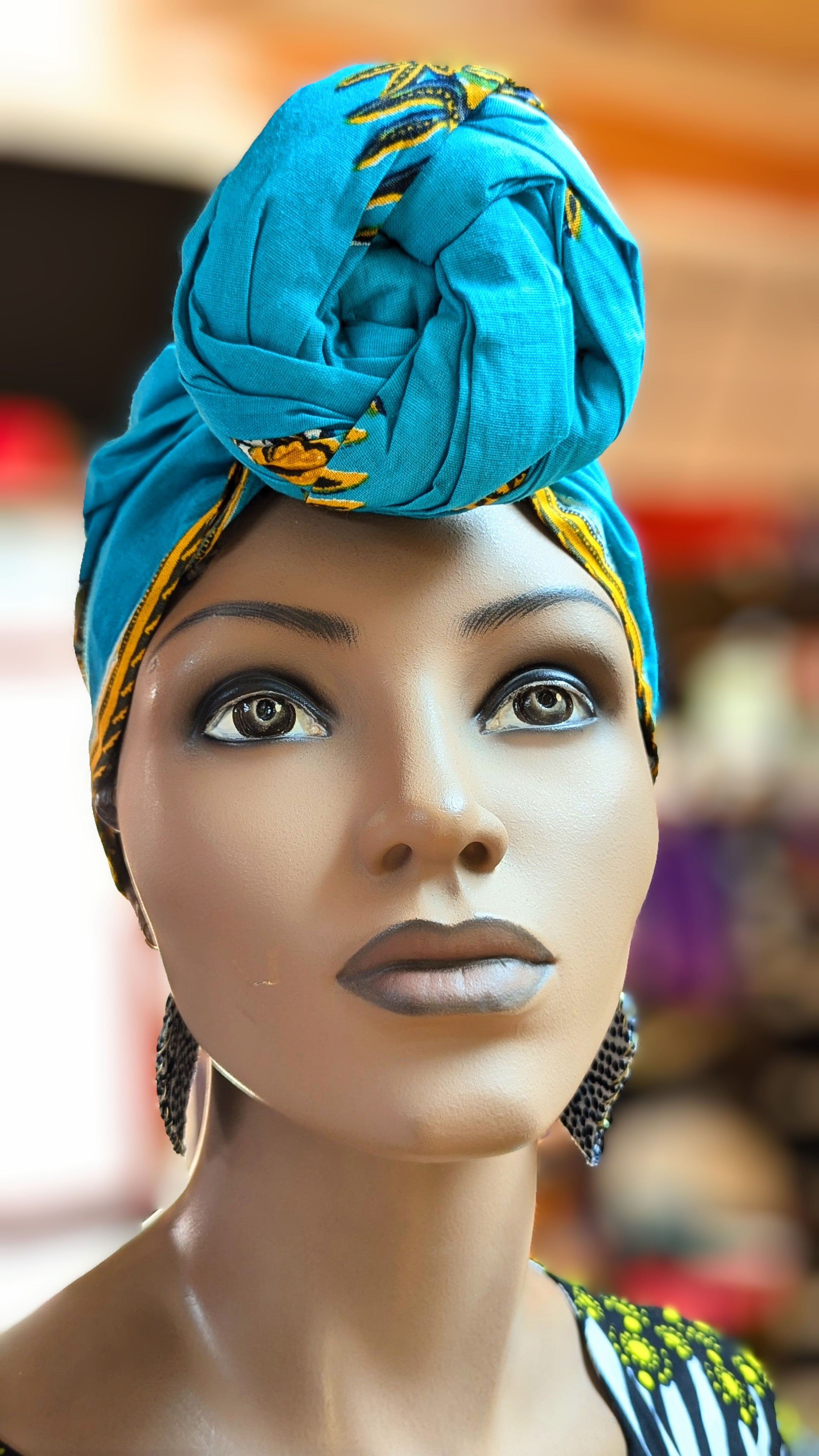 Dupsie's Akira Turquoise-Blue Cotton Dashiki Print Pre-Tied Head Wrap Hat DP3769PT8、mySite、solidvoid