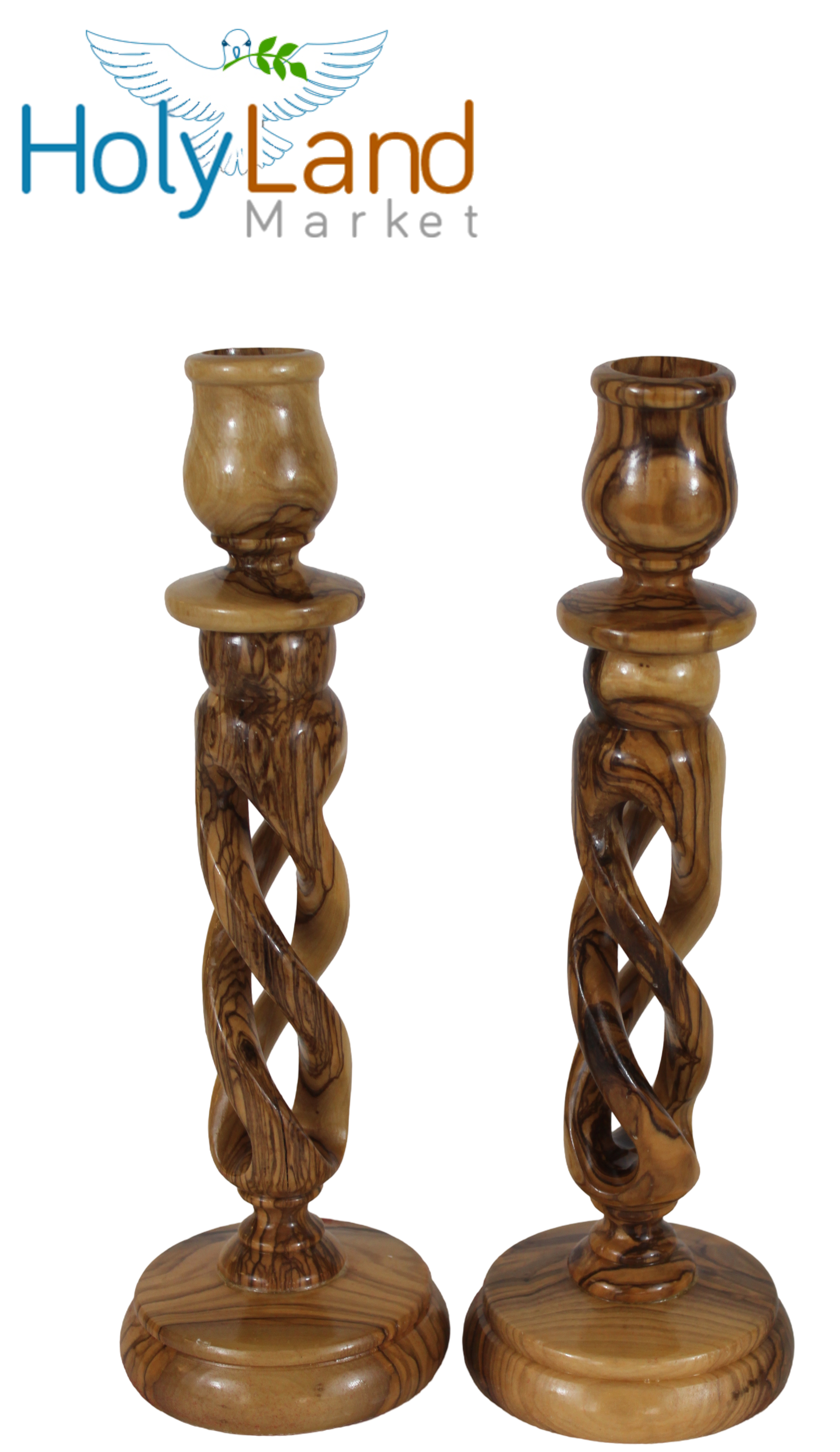  Holy Land Market Olive Wood Candle Holder Pair - Handmade 9 Inch Taper Candle Sticks, Inspirational Hollow Twist Design, 0.75 Inch Cup Diameter, Crafted by Christian Artisans in Bethlehem、mySite、elrpsem3k