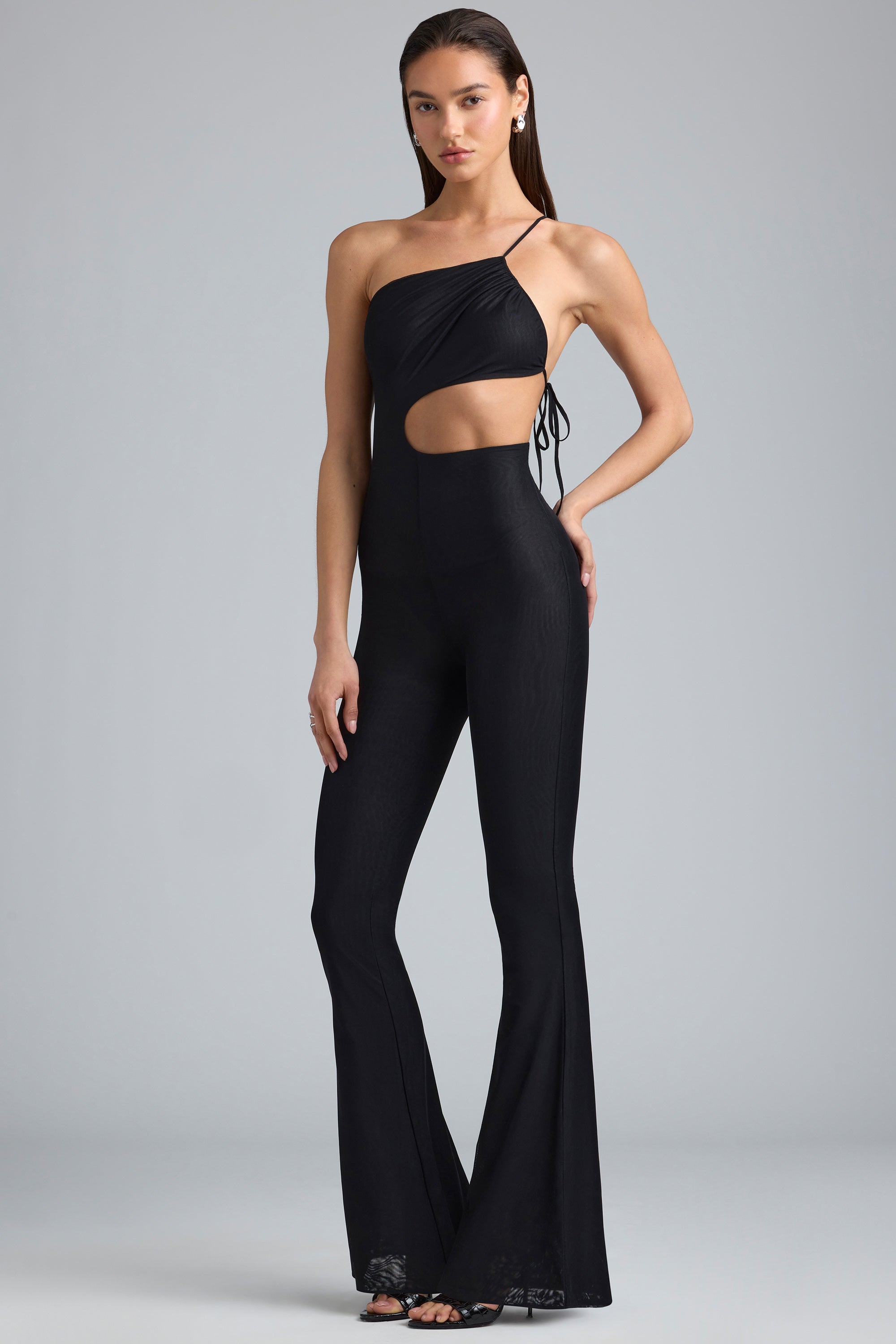 Metallic Ruched Cut-Out Flared Jumpsuit in Black、mySite、solidvoid