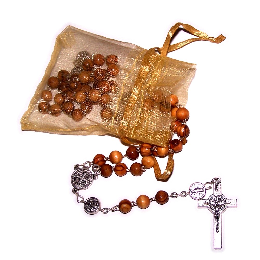 Olive wood Rosary with Silver Tone Saint Benedict center and beads - Organza ...、mySite、topwebapps