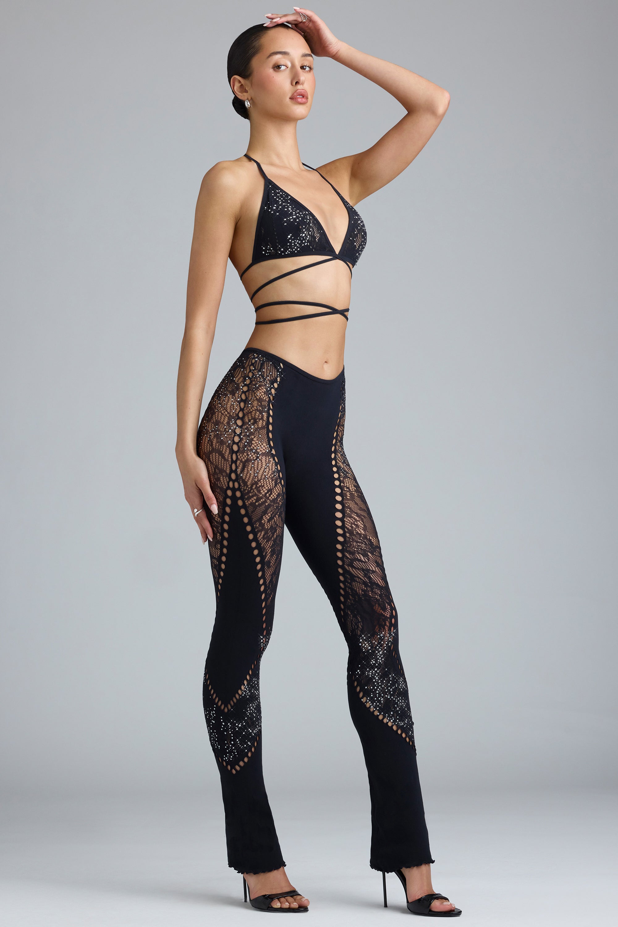 Embellished Mid-Rise Flared Trousers in Black、mySite、solidvoid