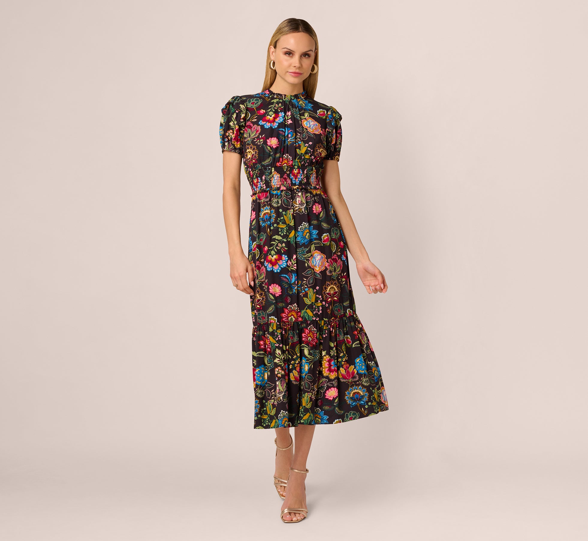 Puff Sleeve Floral Midi Flounce Dress In Black Multi、mySite、solidvoid