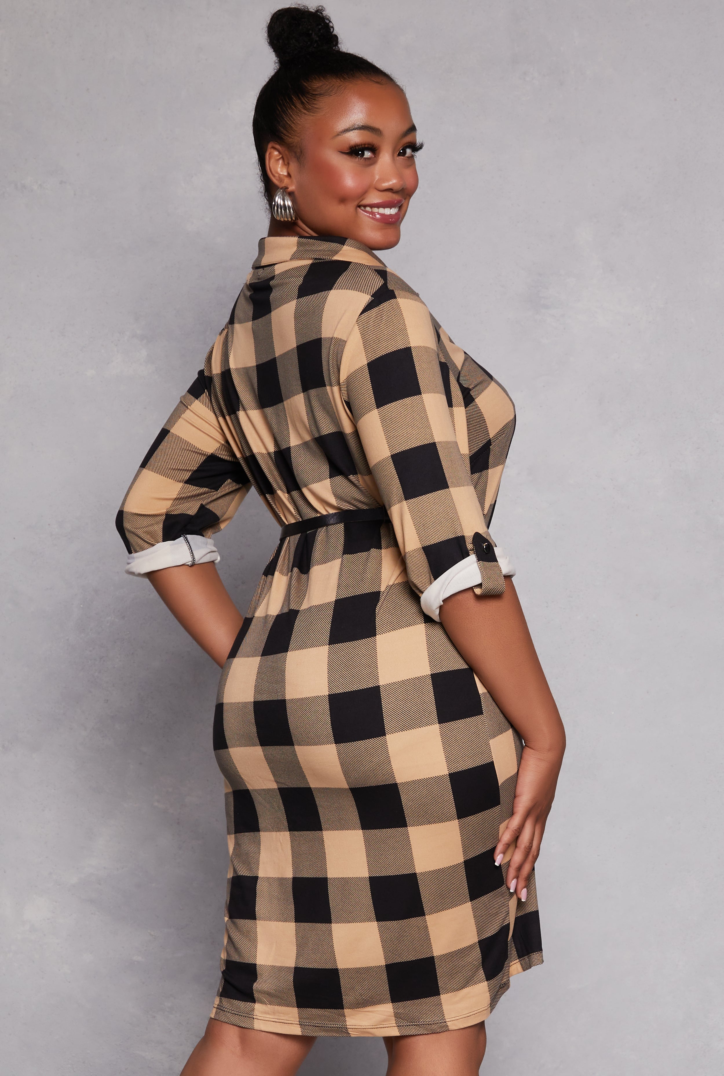 Plus Size Plaid Half Zip Belted Midi Dress、mySite、camillekostekn