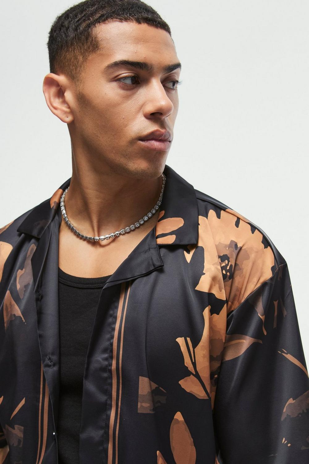  Boohooman Boxy Printed Satin Revere Short Sleeve Shirt Orange、mySite、justintrudeaud