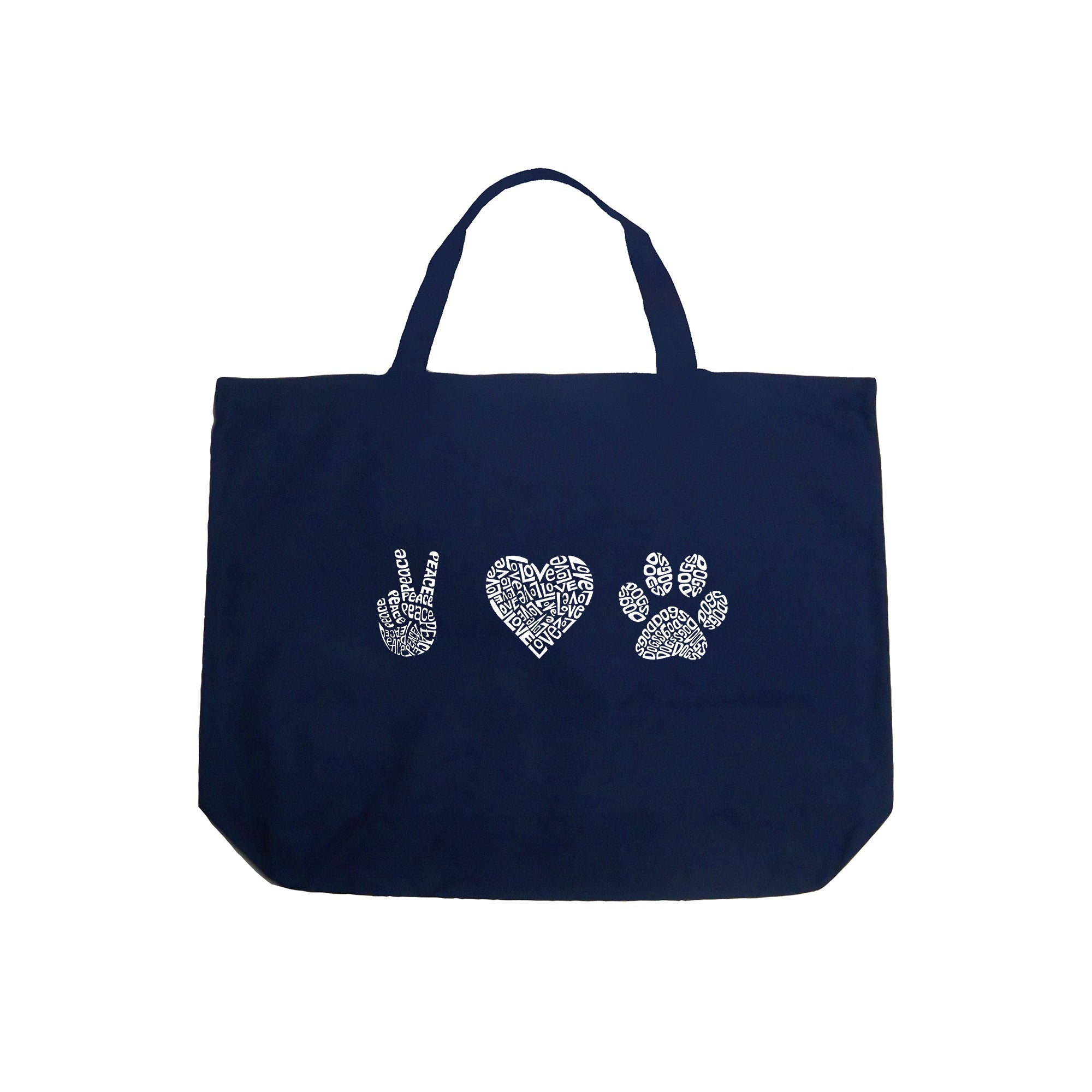 Peace Love Dogs - Large Word Art Tote Bag、mySite、camillekostekn