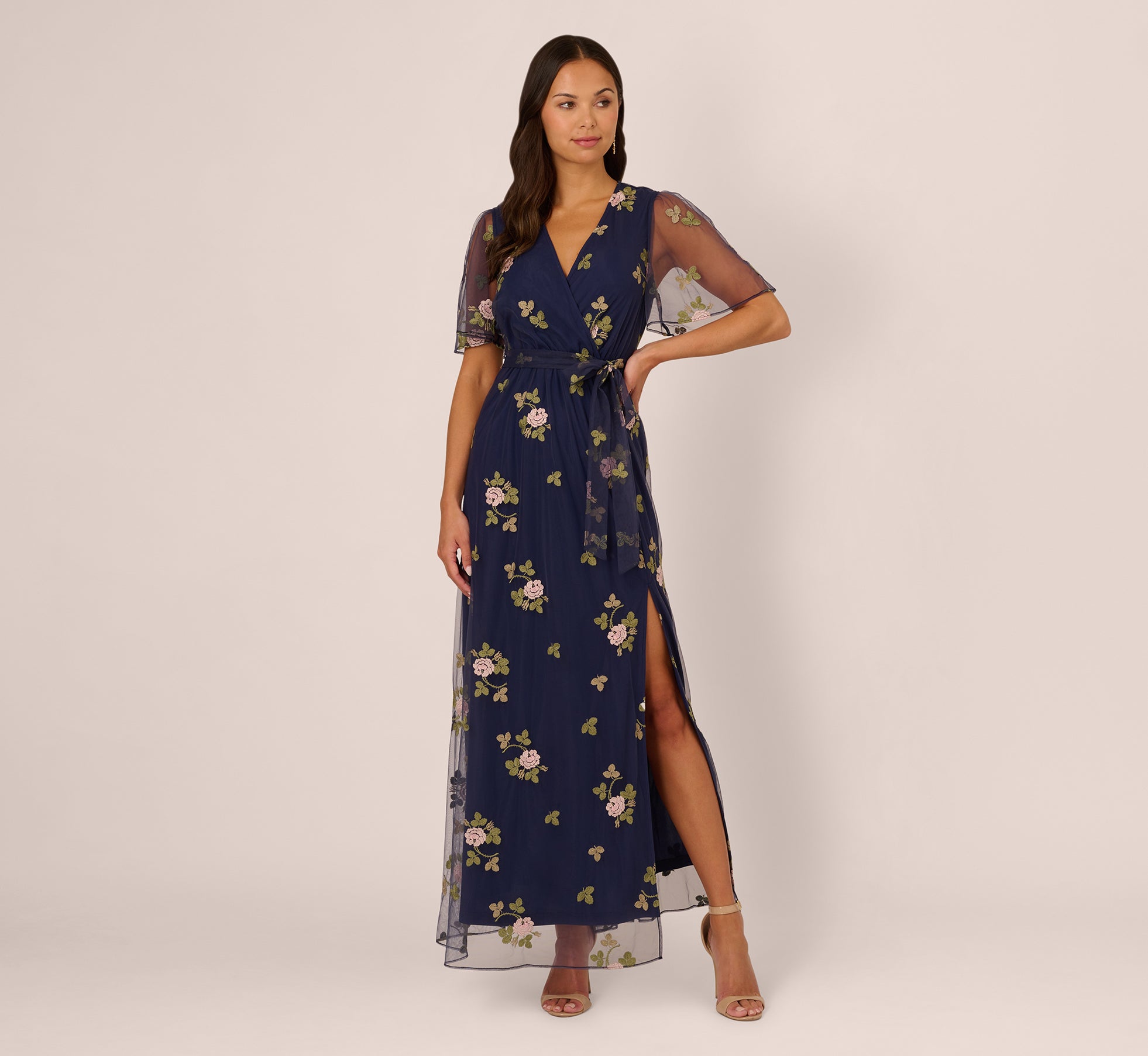 Floral Embroidered Maxi Dress With Sheer Flutter Sleeves In Navy Multi、mySite、solidvoid
