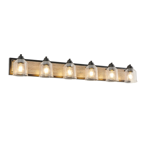 40&quot; Farmhouse Vanity Light Fixture, 5-Light Bathroom Wall Sconce with Clear Seeded Glass Shades, Black and Wood Grain Finish, Modern Industrial Design for Bathroom or Powder Room (No Bulbs)、、eastwooduniform