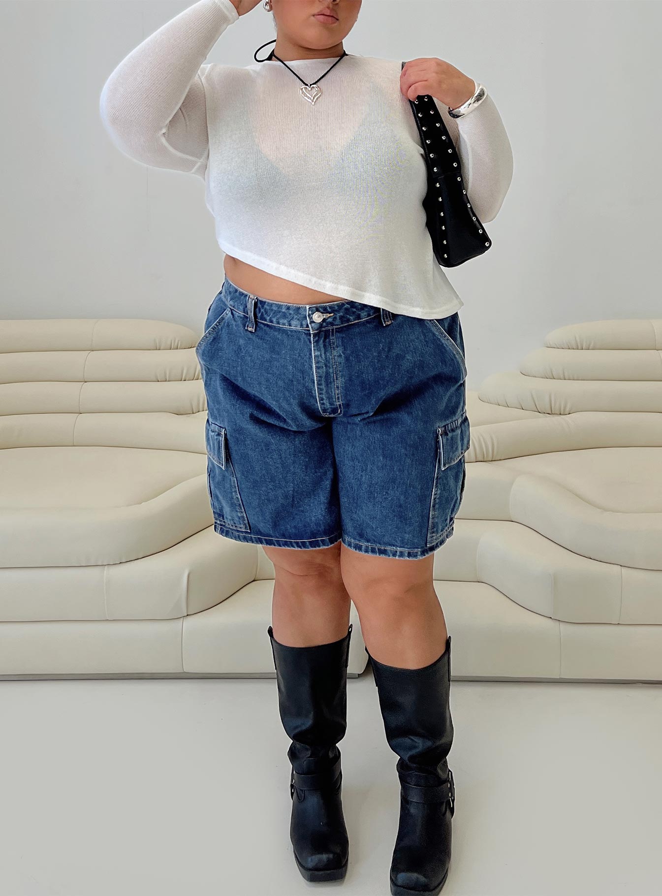 Mika Carpenter Denim Shorts Mid Wash Curve、mySite、solidvoid
