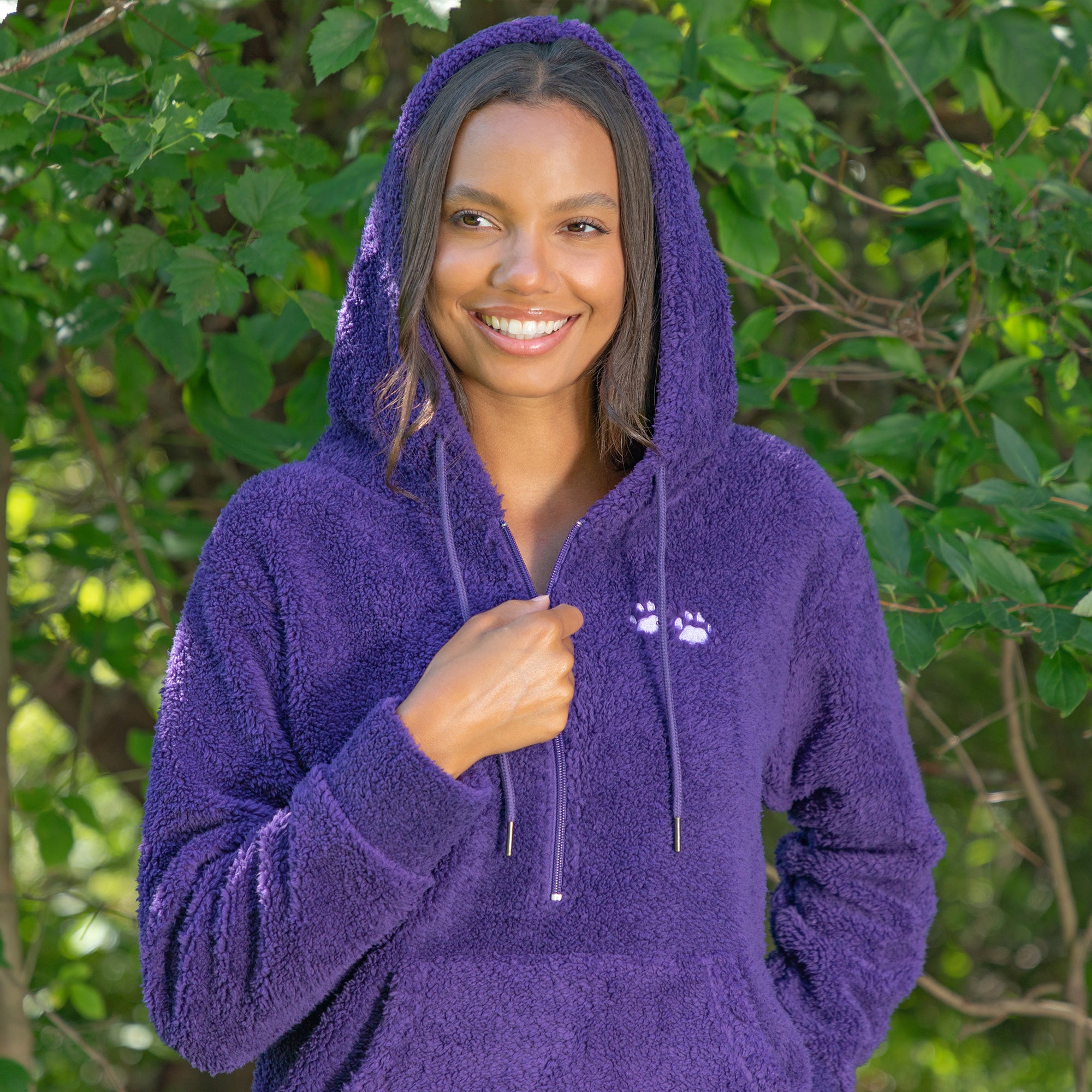Purple Paws Plush Sherpa Fleece Quarter Zip Hoodie、mySite、camillekostekn