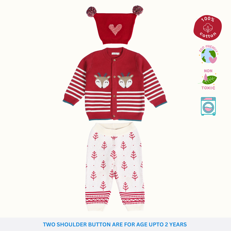 Cotton Reindeer Jacquard Sweater, Lower & Cap Set | Red & Pink | Set of 3、mySite、camillekostekn