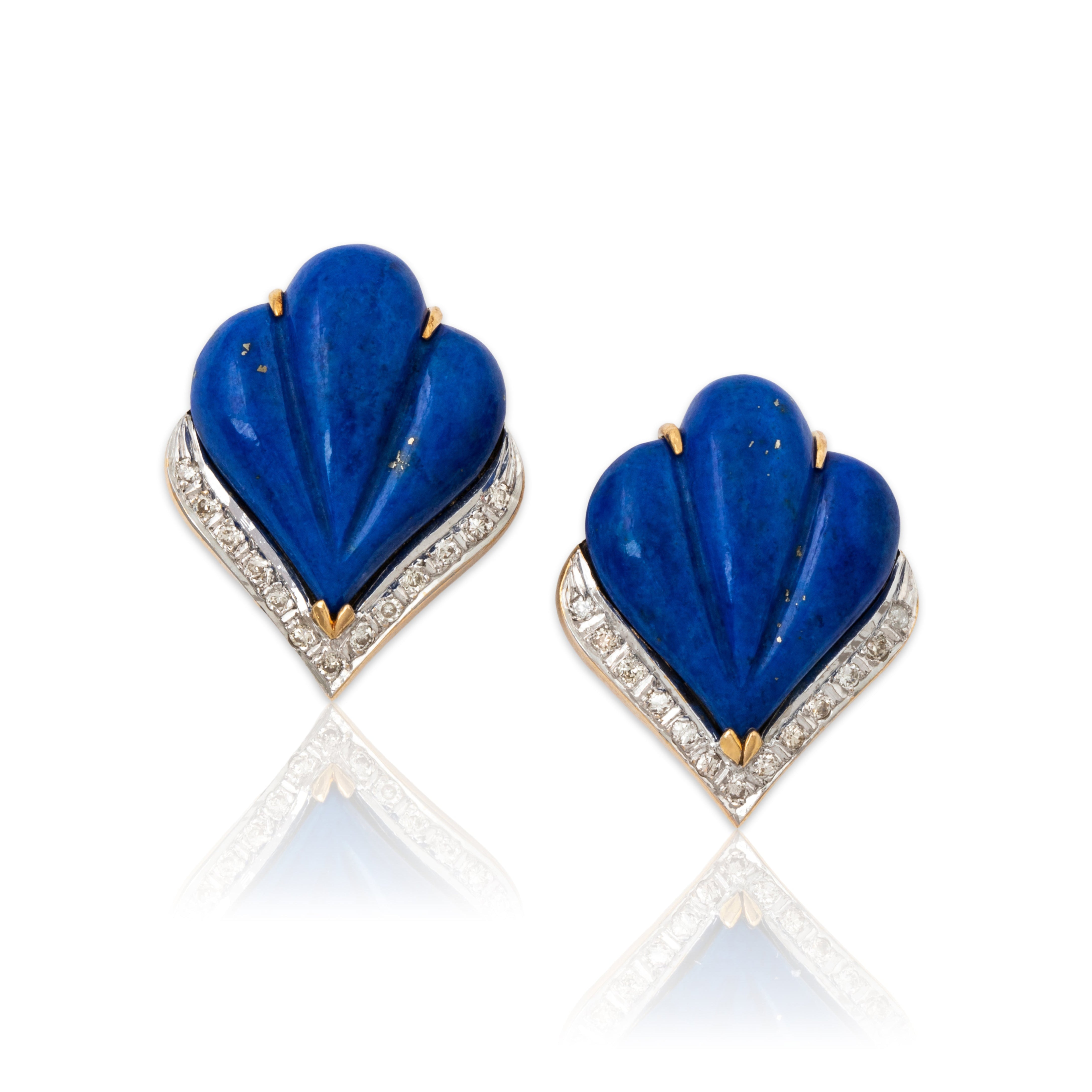 Vintage 14k Yellow Gold Lapis Lazuli Diamond Scalloped Chic Statement Earrings、mySite、hinf8tx79