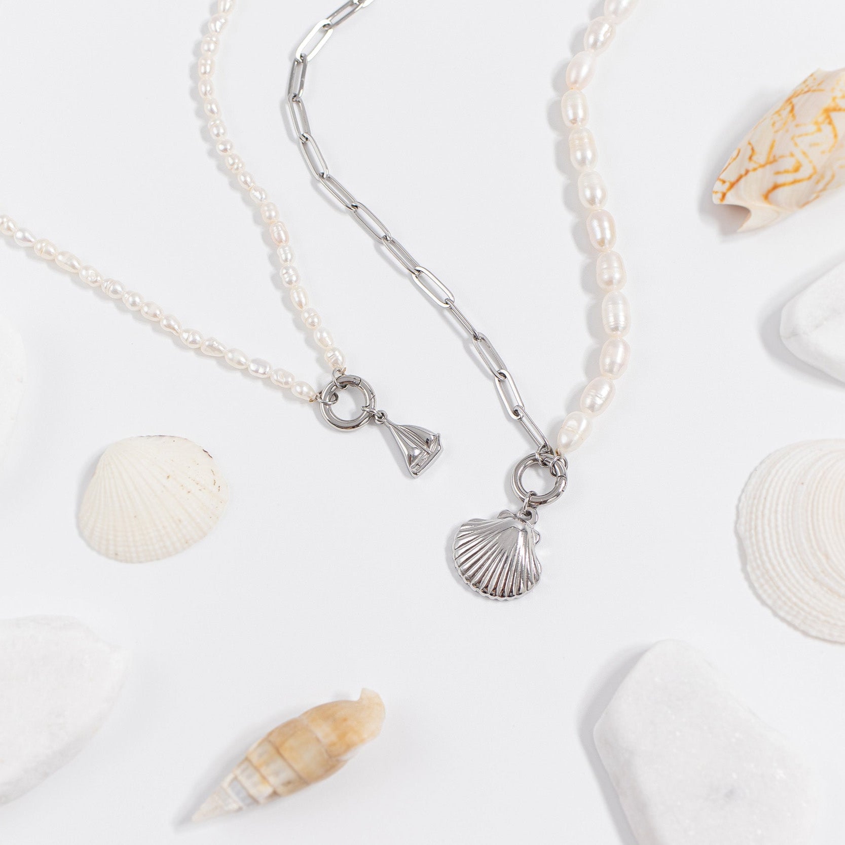 Stainless Steel Freshwater Pearl Paperclip Split Charm Holder Necklace / CHN0103、mySite、dreamappss