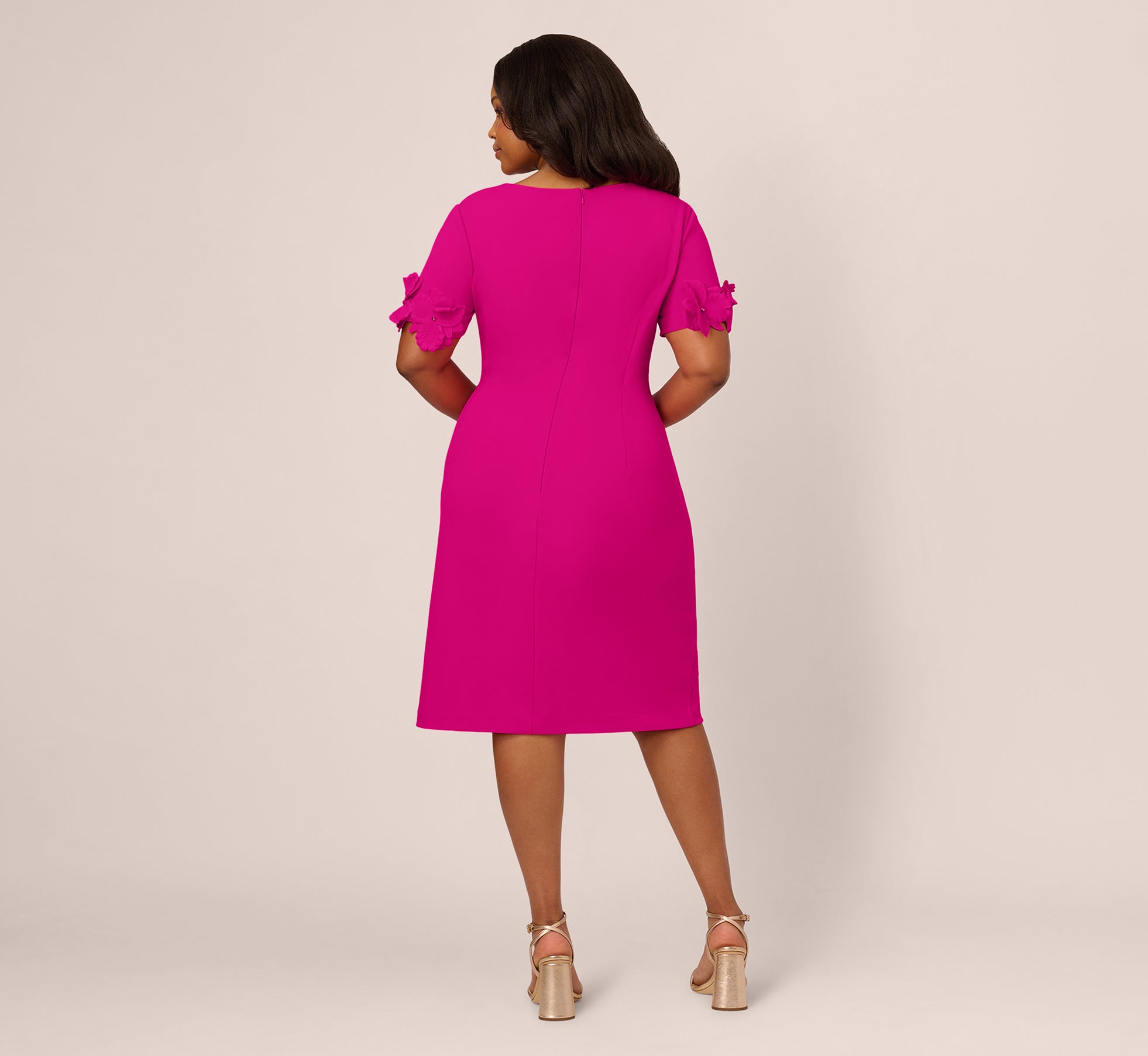 Plus Size Crepe Faux Wrap Sheath Dress With Floral Accent Short Sleeves In Pink Flambe、mySite、solidvoid