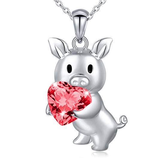 SALE! Pig with Red CZ Heart Necklace, Sterling Silver、mySite、g9winljtr