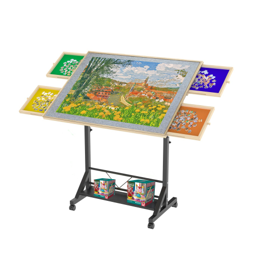 Wooden 1500 Piece Puzzle Table with Drawer, 35"*27.17" Adjustable Puzzle Table, 360° Tilting Puzzle Table with Legs and Wheels, Adjustable Height and Angle, with Protective Cover ( BACK TO SCHOOL )、、casual
