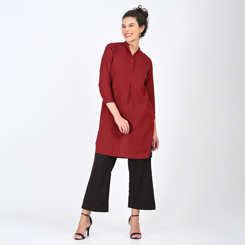 Cotton Solid Co Ord Set For Women | Tunic & Trouser | Mandarin Neck | Maroon & Coffee Brown、mySite、camillekostekn