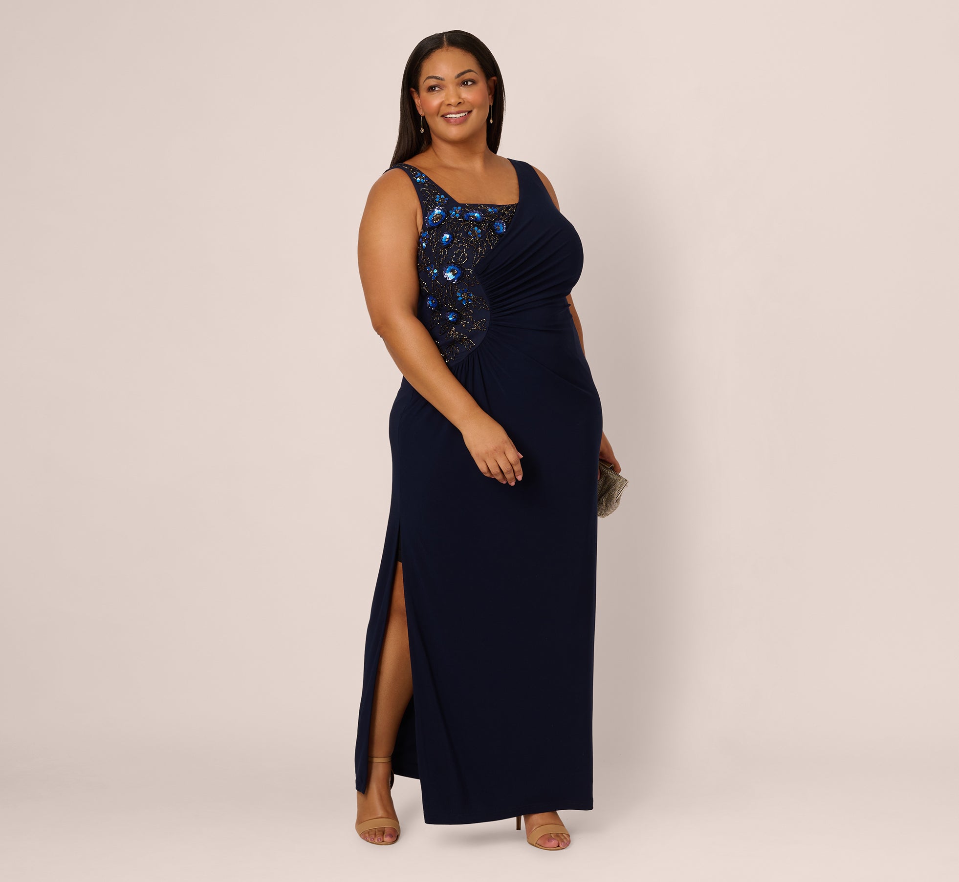 Plus Size Sleeveless Asymmetrical Floral Beaded Jersey Gown In Midnight Multi、mySite、solidvoid