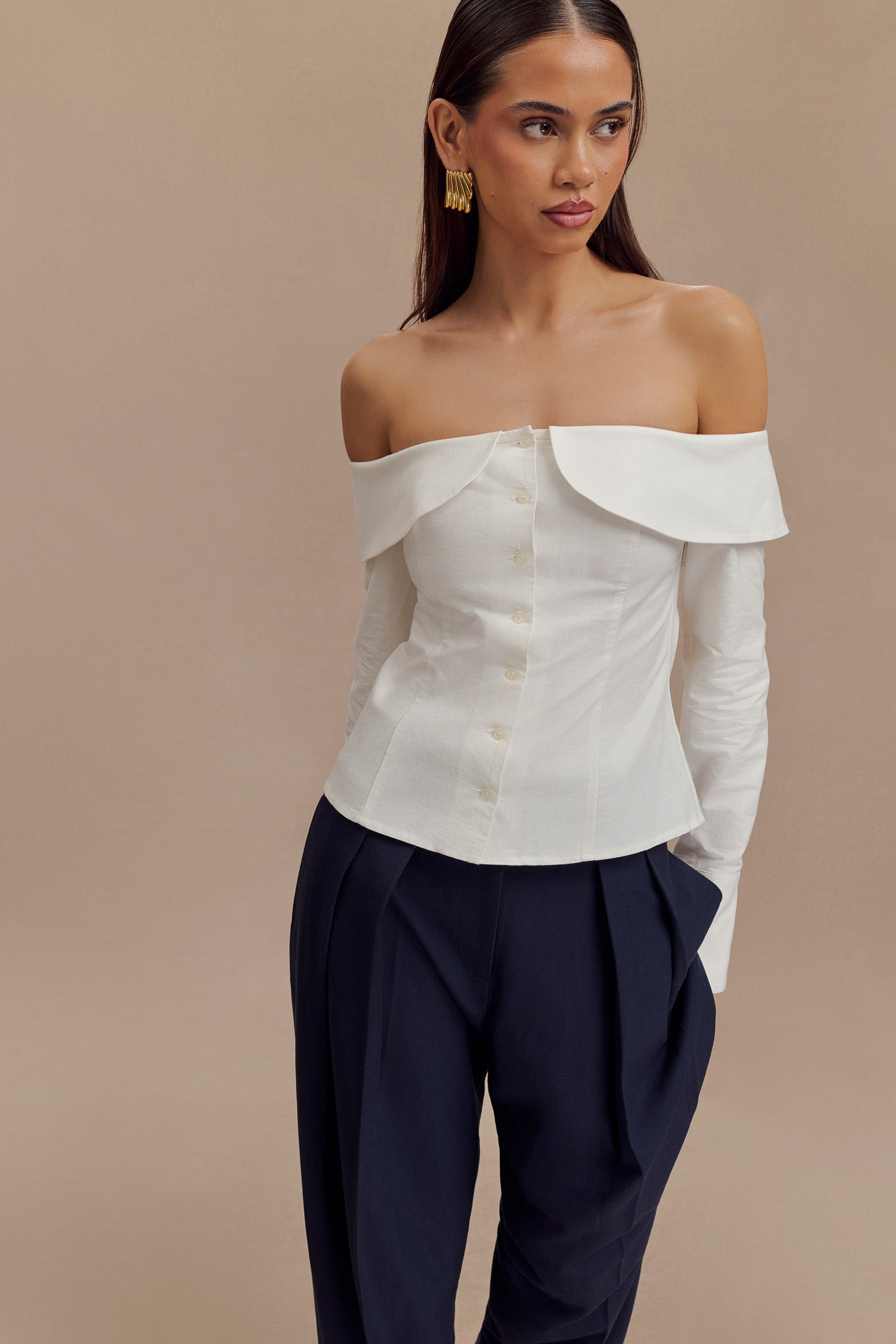 Spencer Off Shoulder Shirting Top - White、mySite、solidvoid