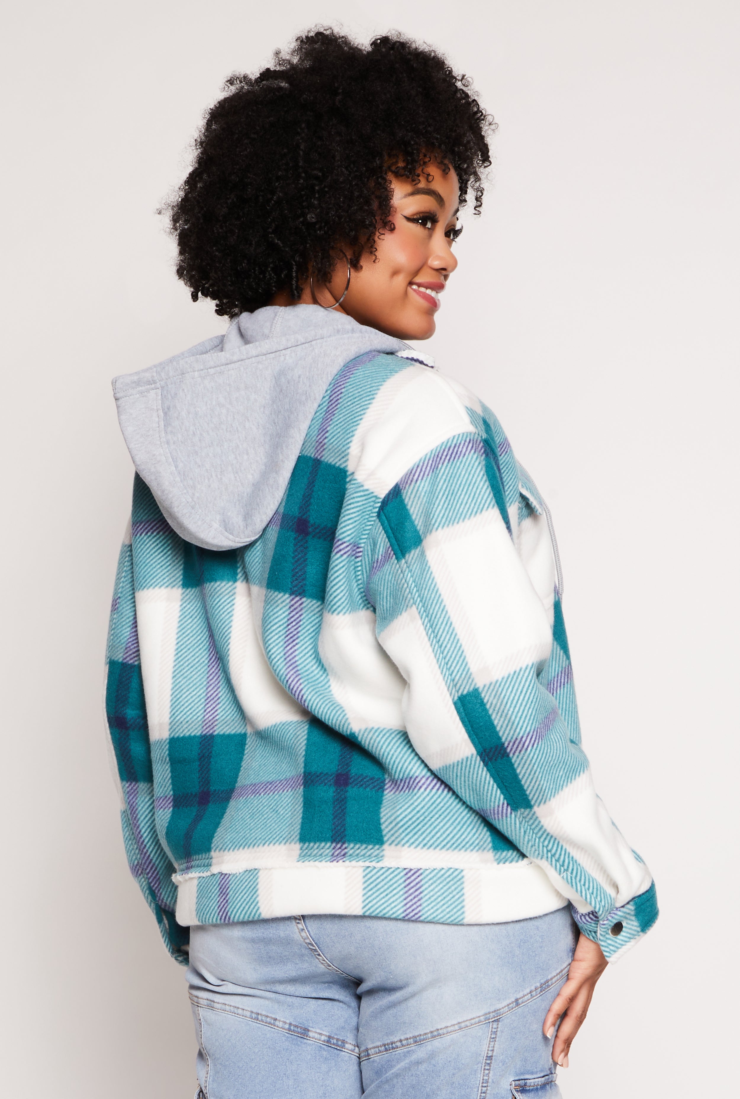 Plus Size Plaid Hooded Zip Front Jacket、mySite、camillekostekn