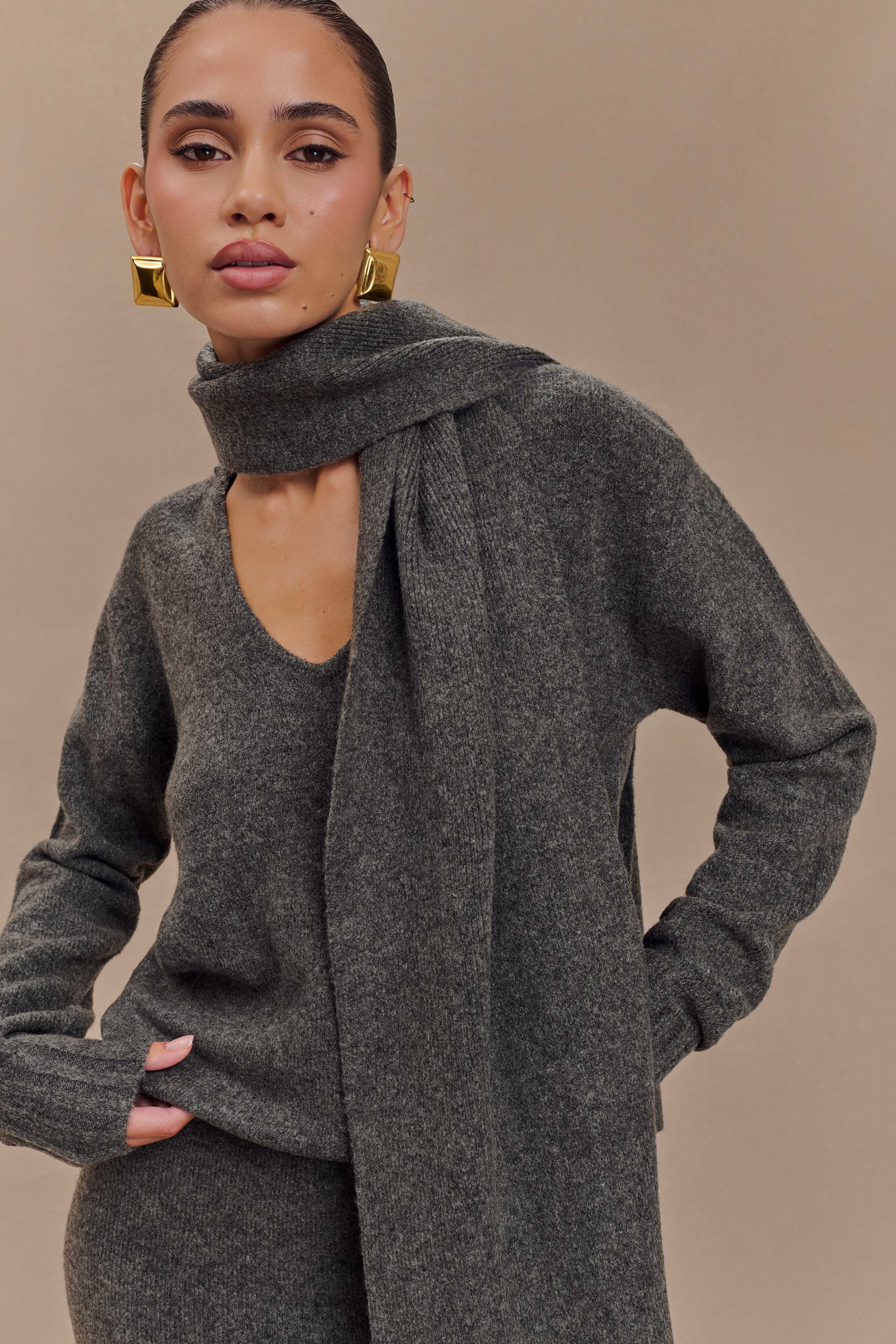 Ella V Neck Knit Jumper With Scarf - Charcoal Marle、mySite、solidvoid