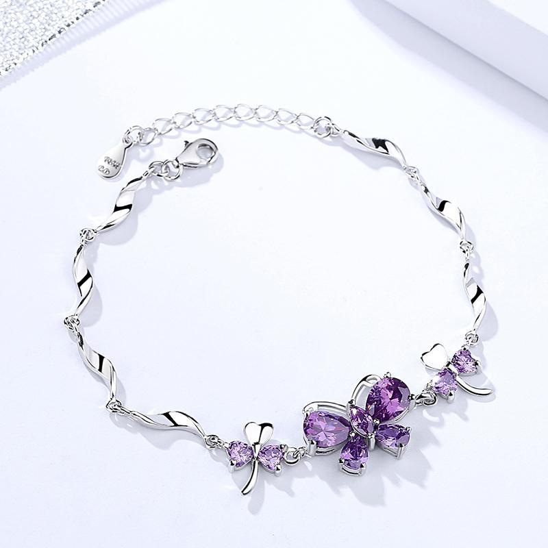 Butterfly Bracelet Sterling Silver and Genuine Amethyst, Purple, Green or Yellow CZ Elegant、mySite、g9winljtr