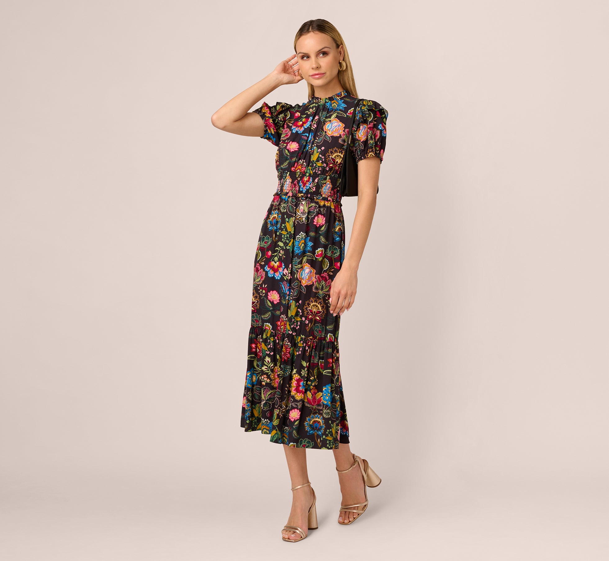 Puff Sleeve Floral Midi Flounce Dress In Black Multi、mySite、solidvoid