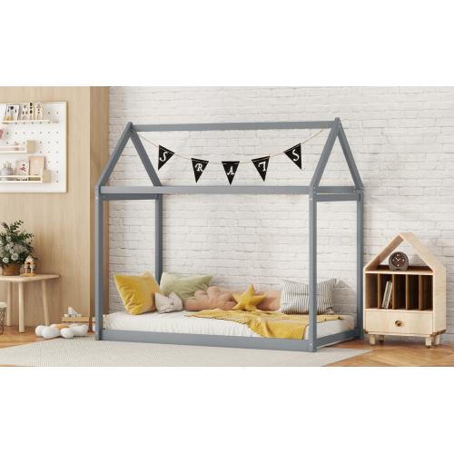 Twin Size Wooden House Bed, White、、casual