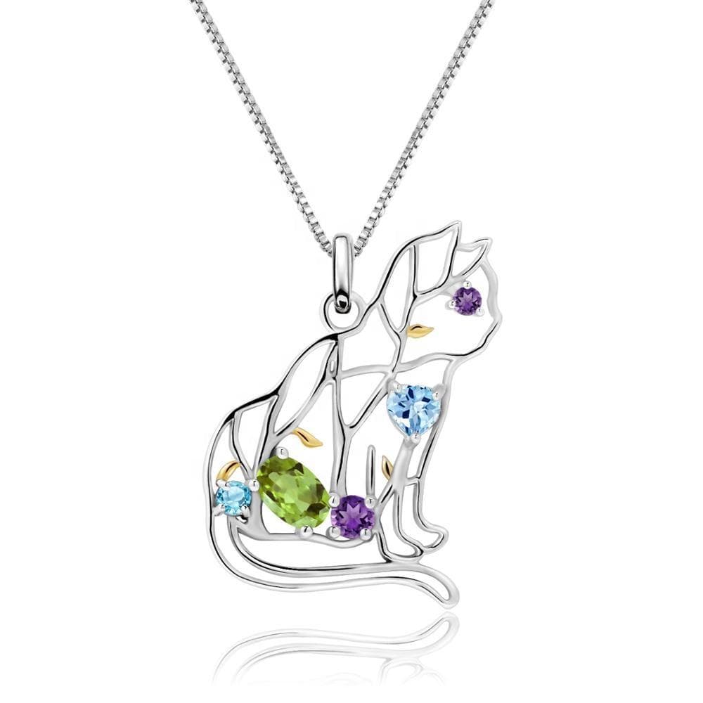 Designer Unique Cat Necklace Sterling Silver & REAL Gemstones! Garnet, Topaz, Peridot、mySite、g9winljtr